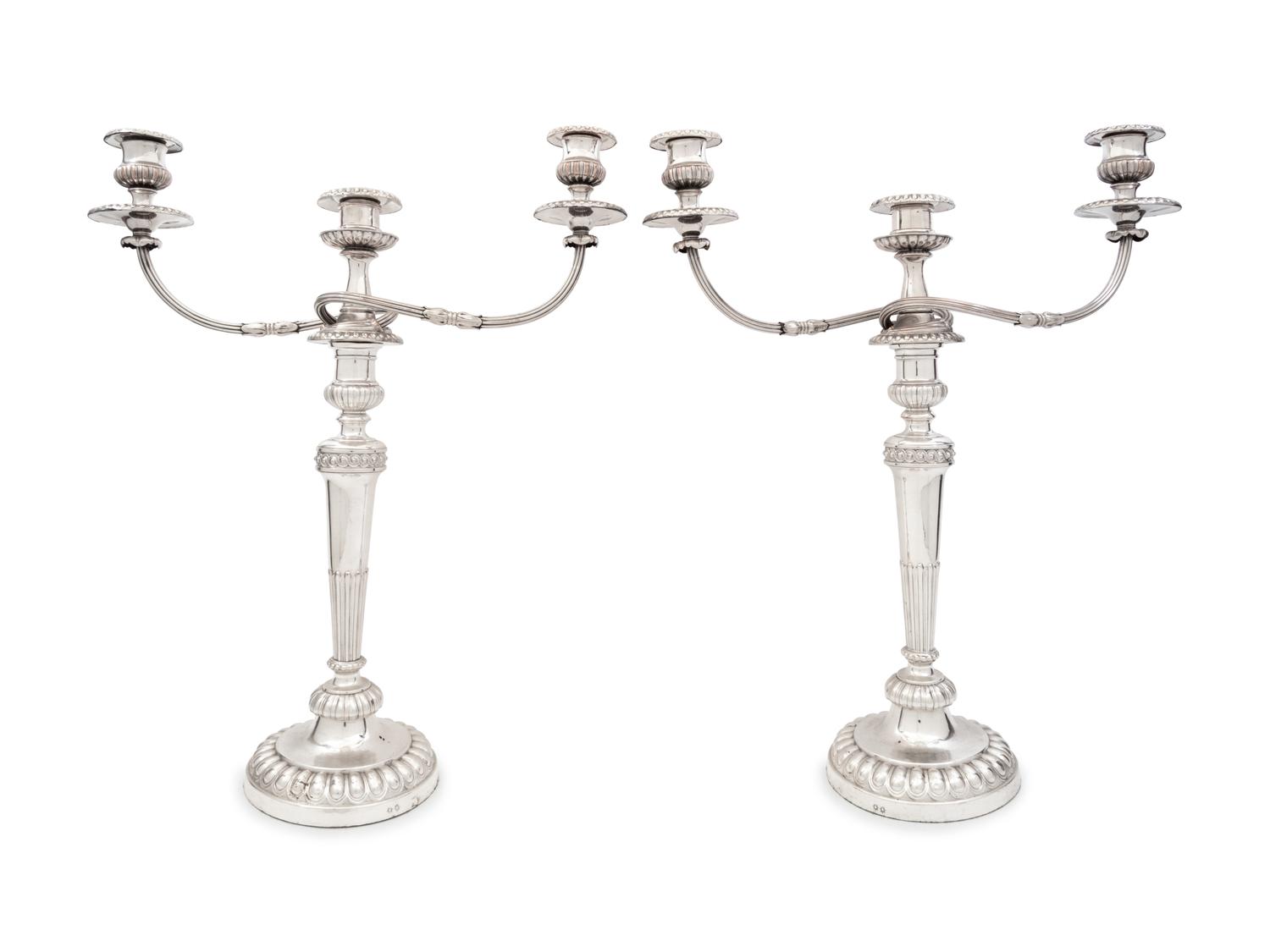 A Pair of English Silver-Plate Three-Light Candelabra