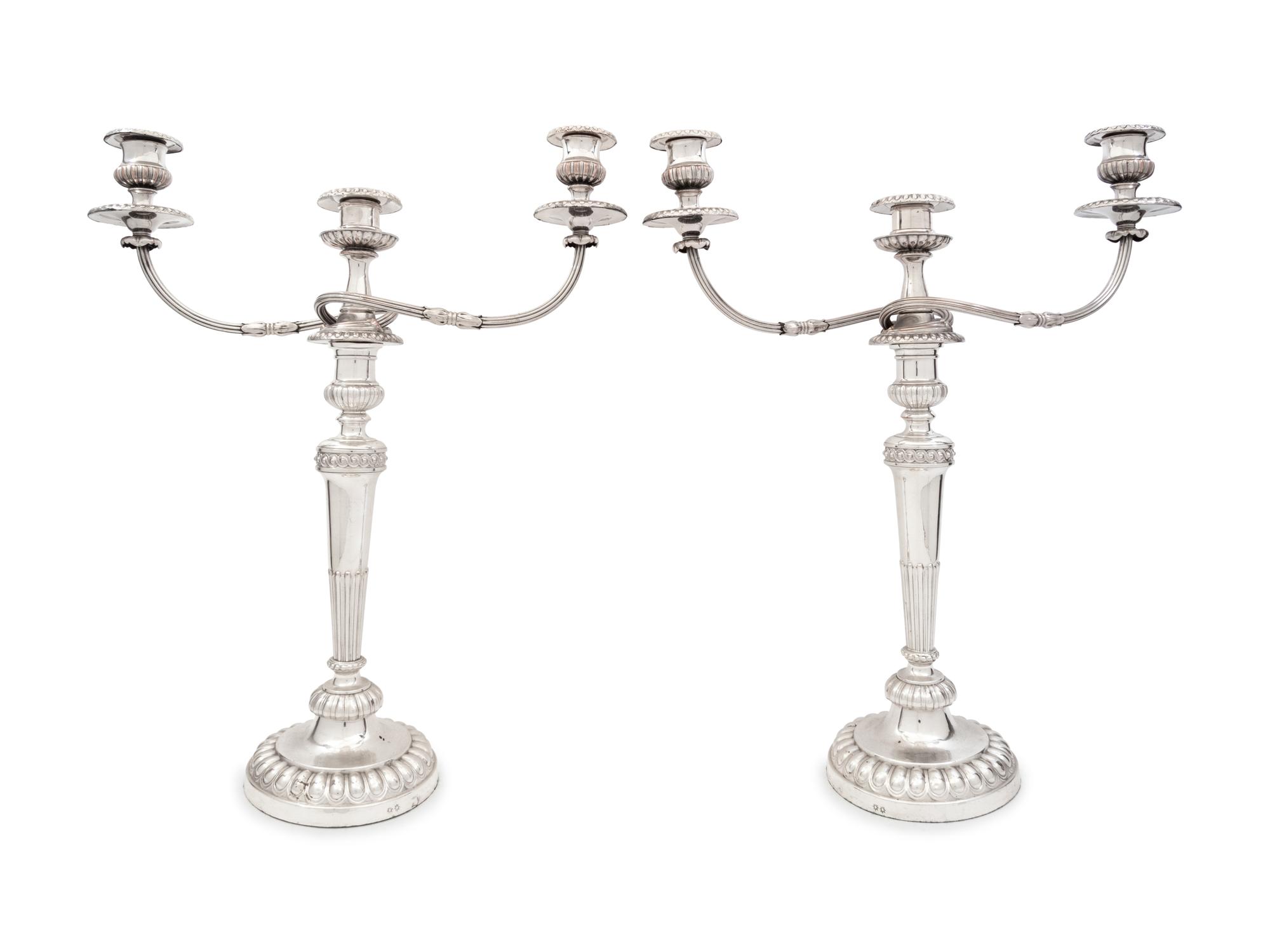 A Pair of English Silver-Plate Three-Light Candelabra