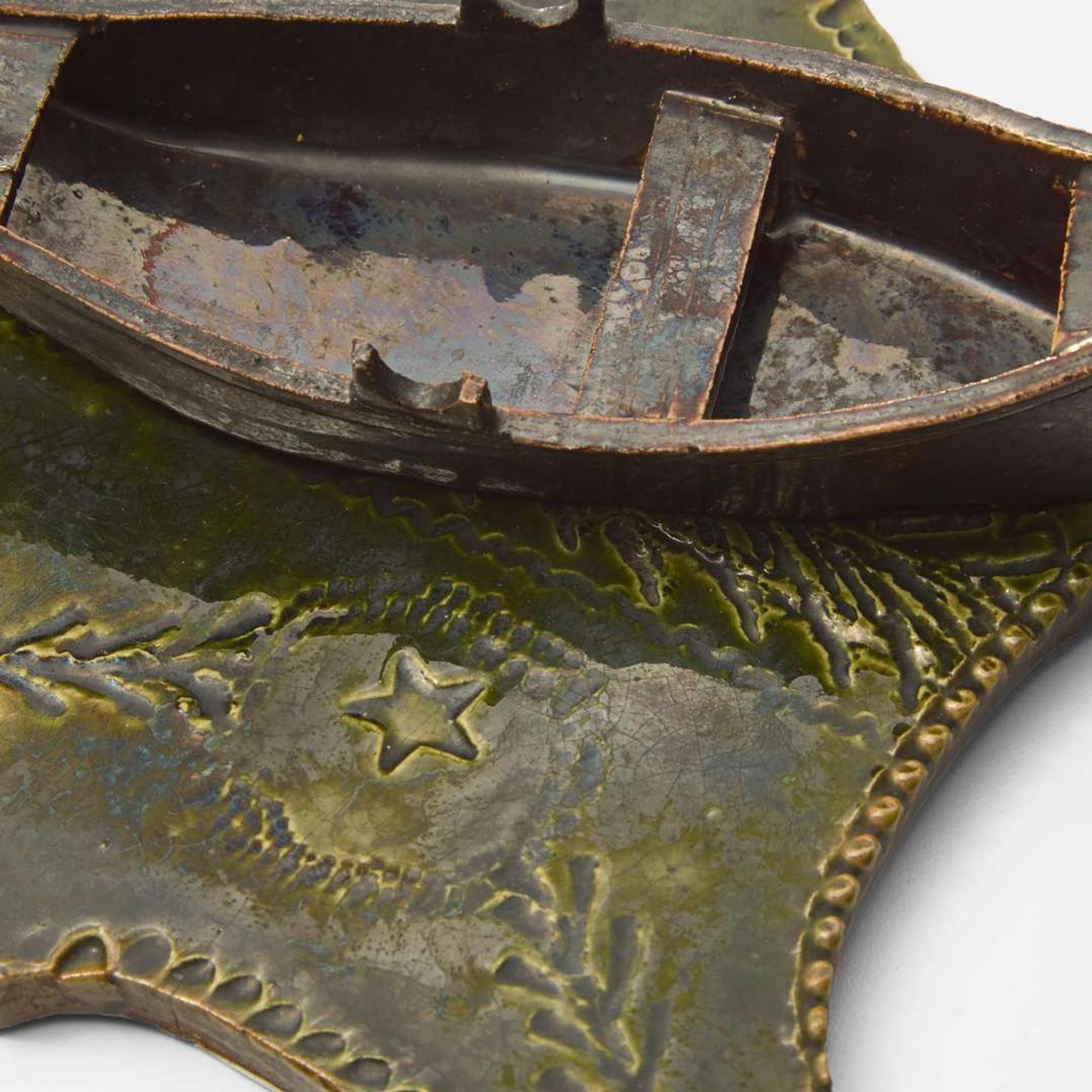 George Ohr (American, 1857-1918) Novelty Shield-Form Pen Tray with Boat in Olive and Brown Glaze, Biloxi, Mississippi, USA, circa 1895-1896