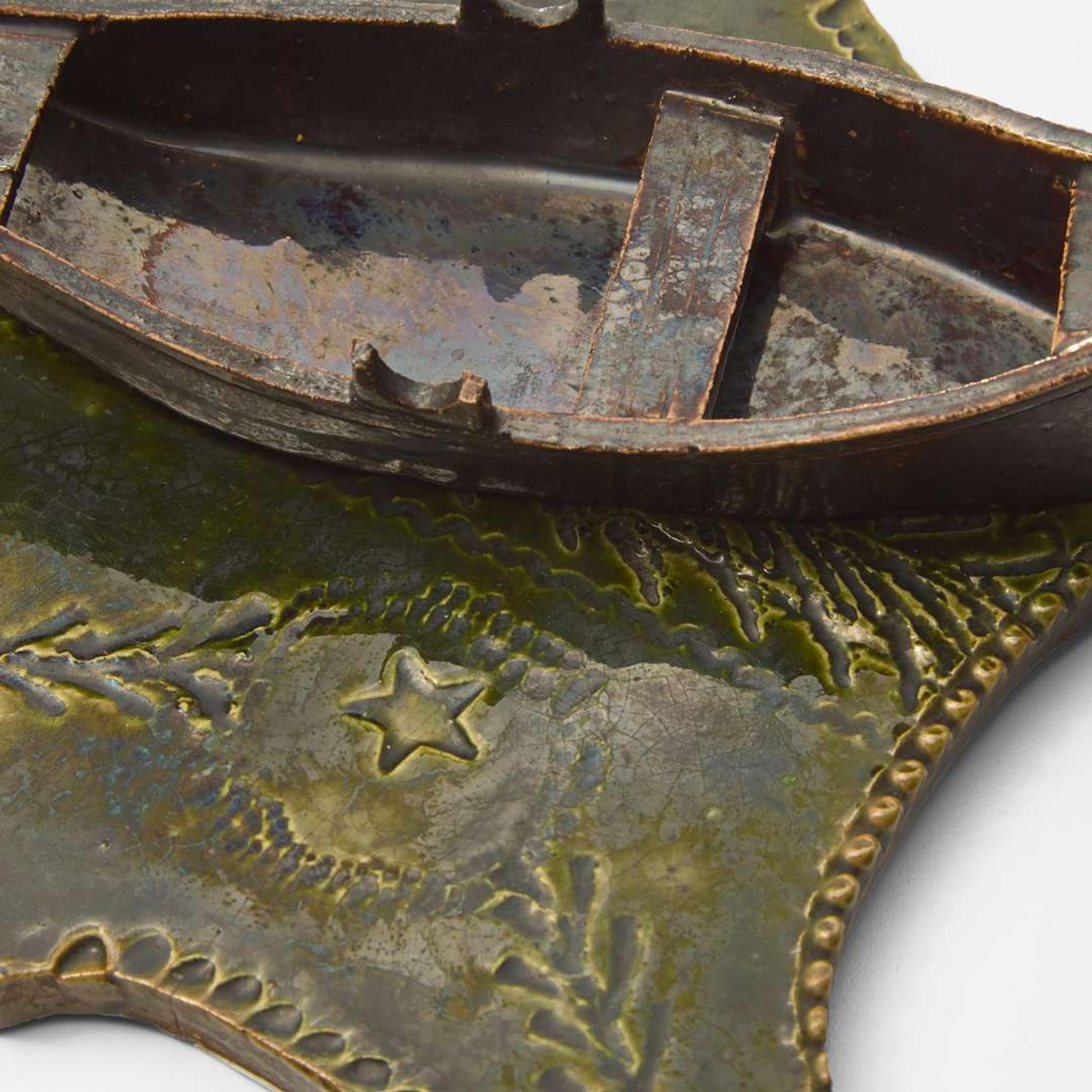 George Ohr (American, 1857-1918) Novelty Shield-Form Pen Tray with Boat in Olive and Brown Glaze, Biloxi, Mississippi, USA, circa 1895-1896
