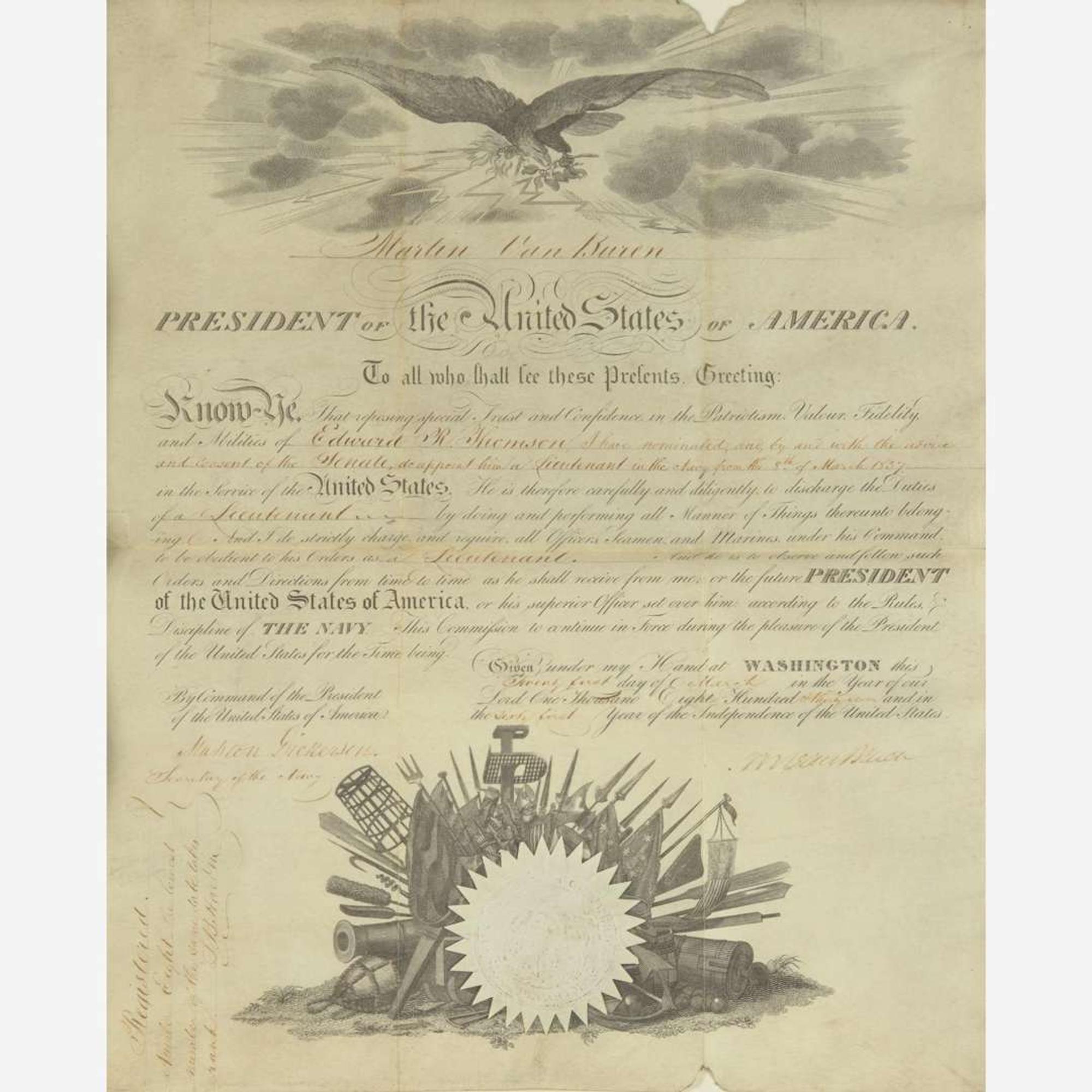 [Presidential] Van Buren, Martin Signed Military Commission