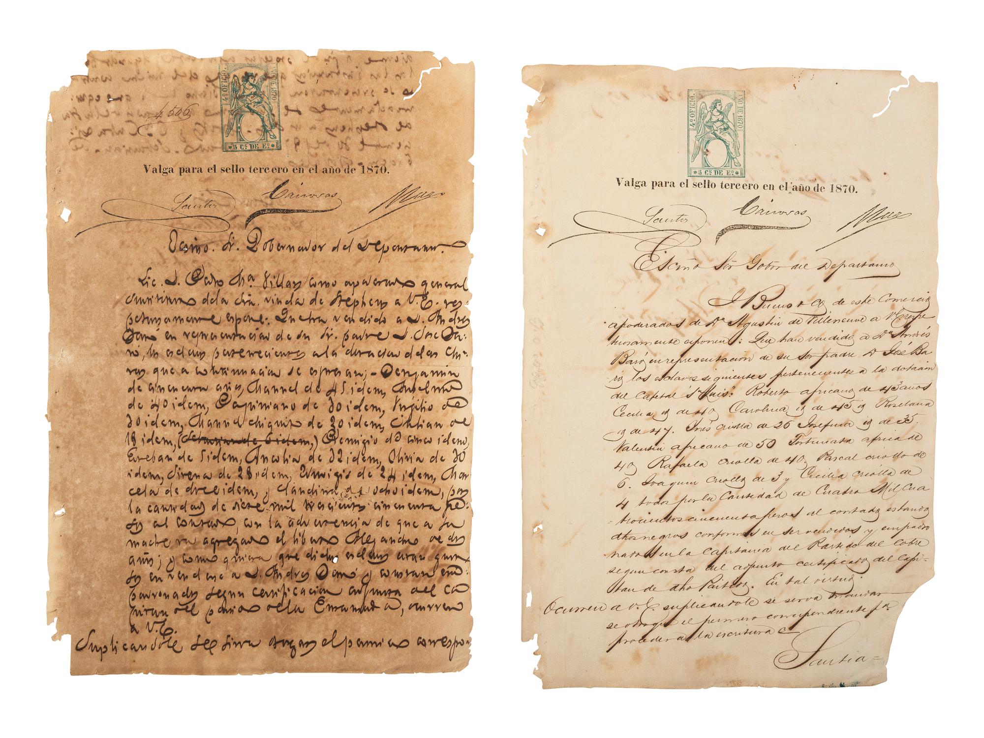 [ENSLAVEMENT & ABOLITION]. A group of 12 documents regarding the sale of enslaved persons in Cuba. 1844-1873.