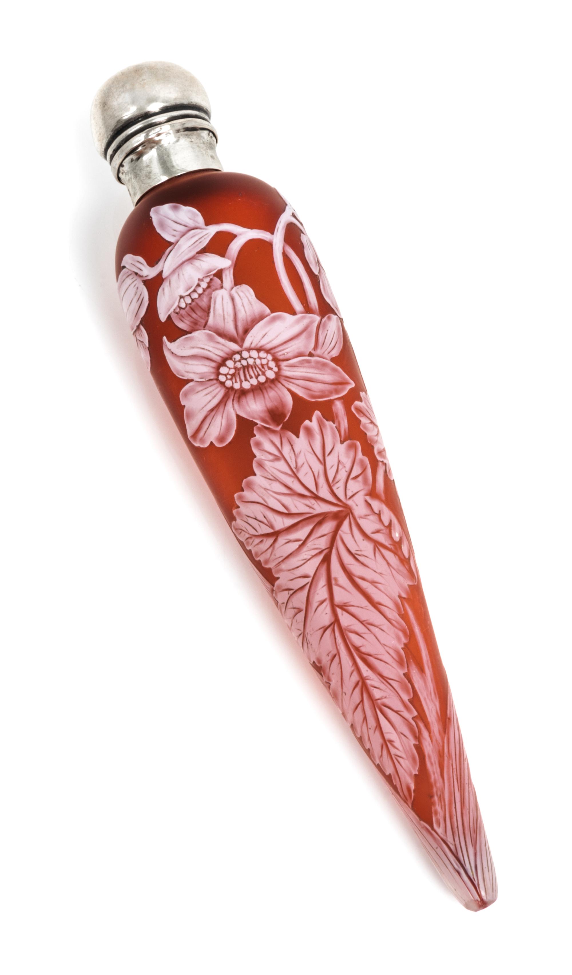English, 1885, a silver mounted cameo glass perfume bottle, of tapering form with floral decoration
