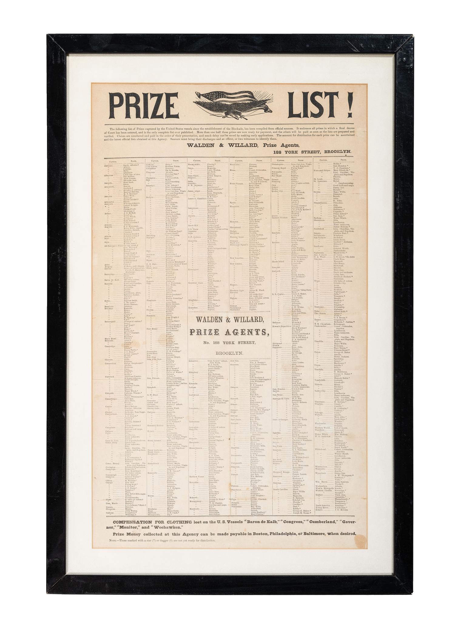 [CIVIL WAR]. Prize List!...Walden & Willard, Prize Agents. [New York?]: N.p., n.d.