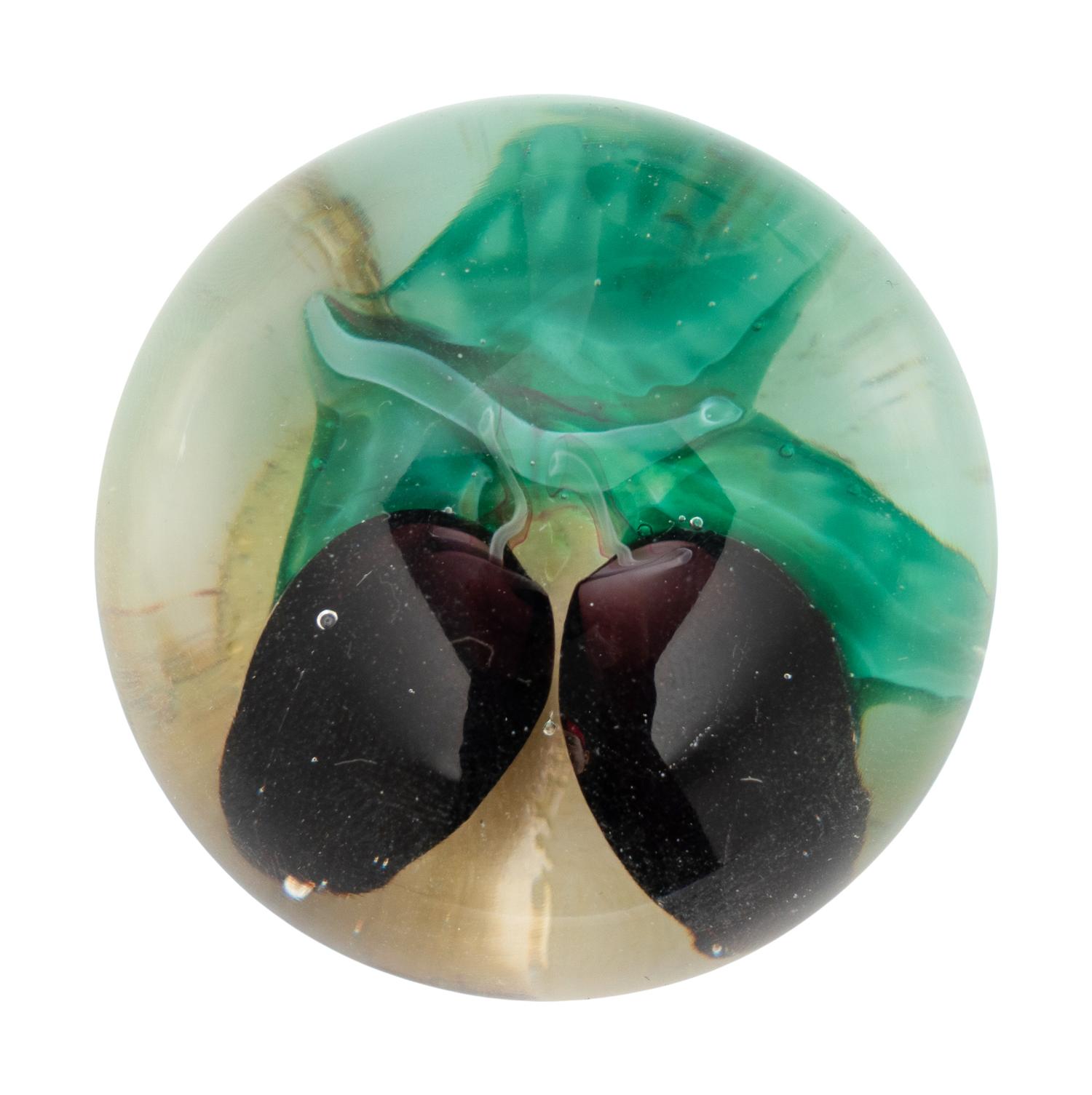 A Two Plums Glass Paperweight, a Chinese Pansy and Bud on Latticino Basket Glass Paperweight and a Pear Glass Paperweight
