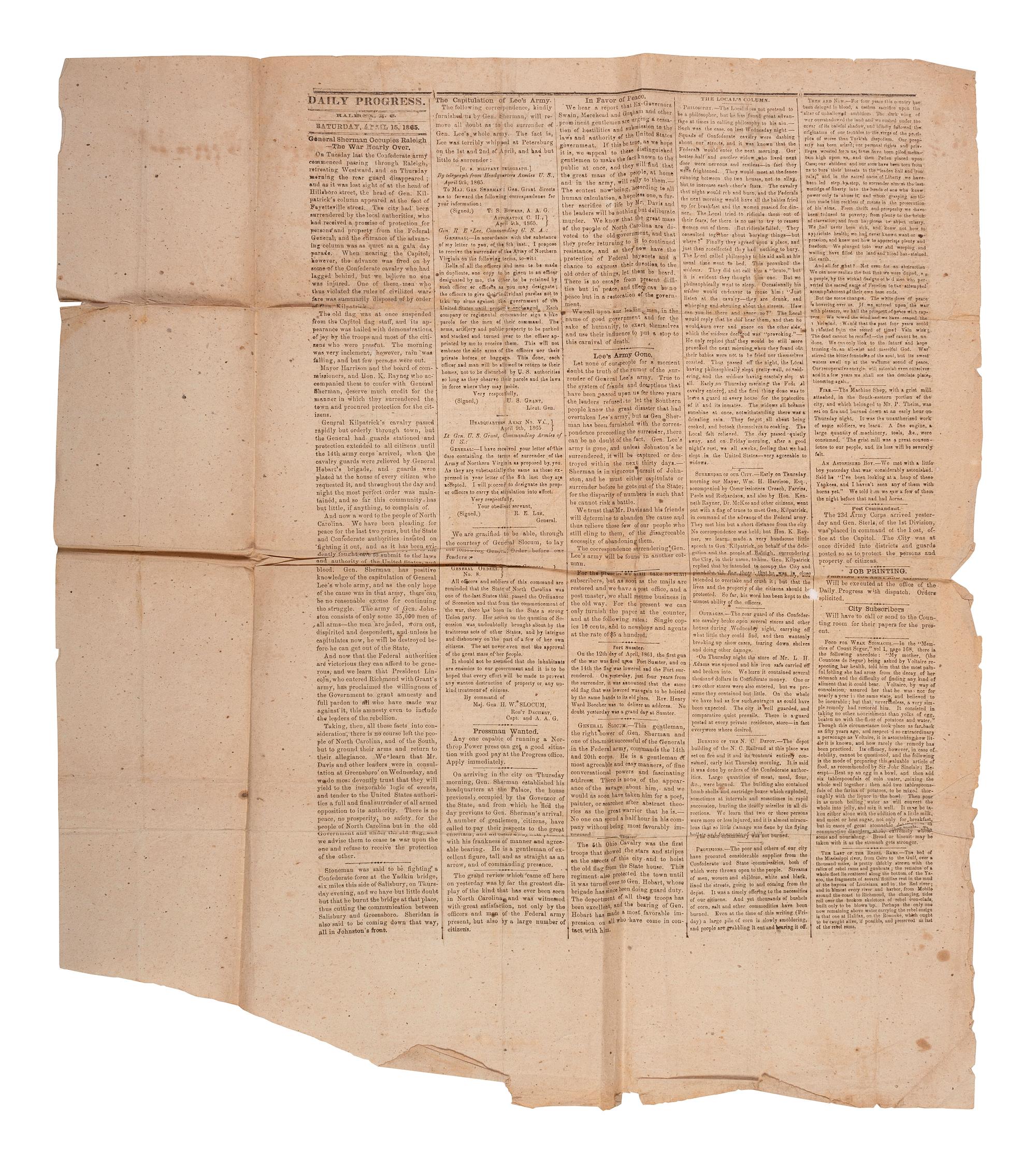 [CIVIL WAR]. Two Southern newspapers covering the evacuation and capture of Richmond, featuring a 15 April 1865 newspaper covering Lincoln's visit to Richmond but unaware of his assassination.