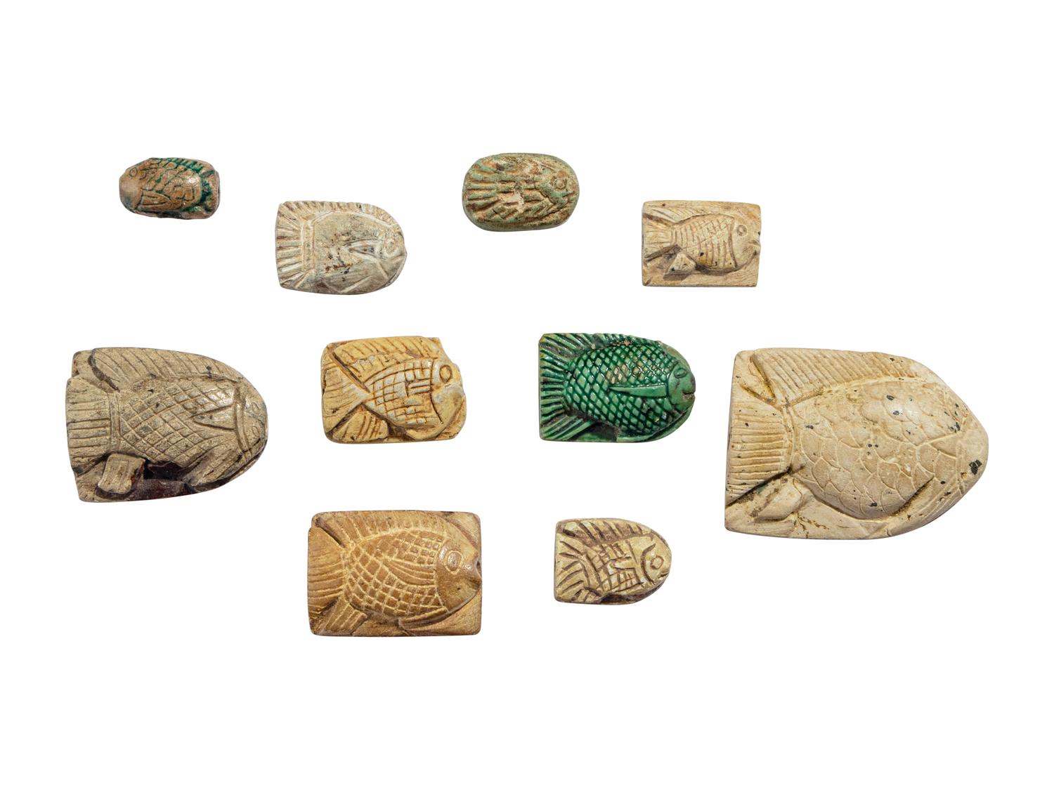 Ten Egyptian Faience Fish Beads with Hieroglyphs