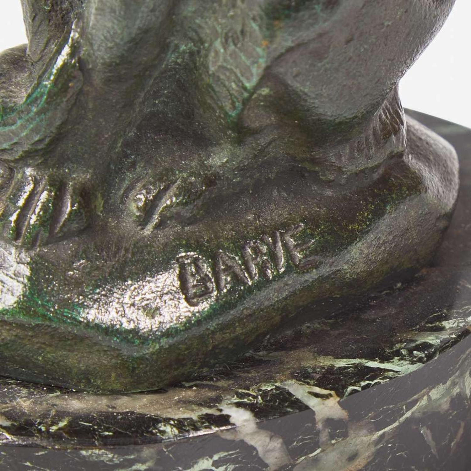 Antoine-Louis Barye (French, 1795-1875) Three Small Works: Eagle with Outstretched Wings, Owl Hunting Rat, and Seated Cat, Cast by Ferdinand Barbedienne (French, 1810-1892), late 19th century