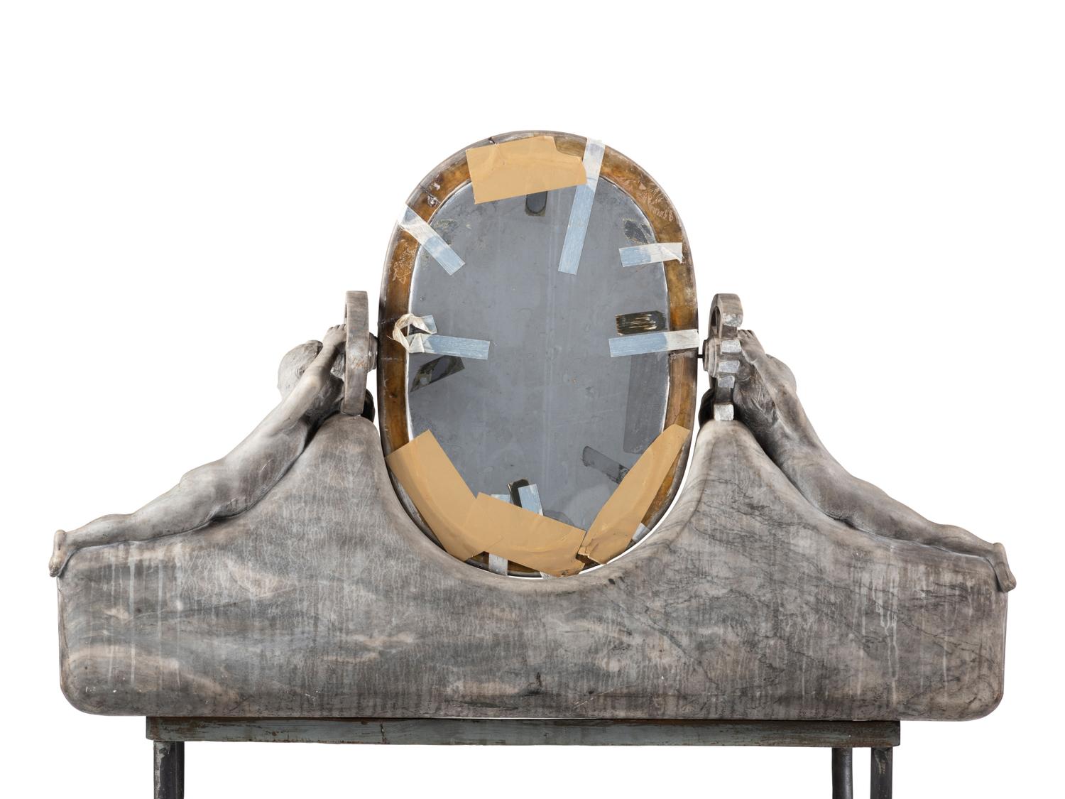 An Art Nouveau Putti-Carved Marble and Iron Figural Washstand
