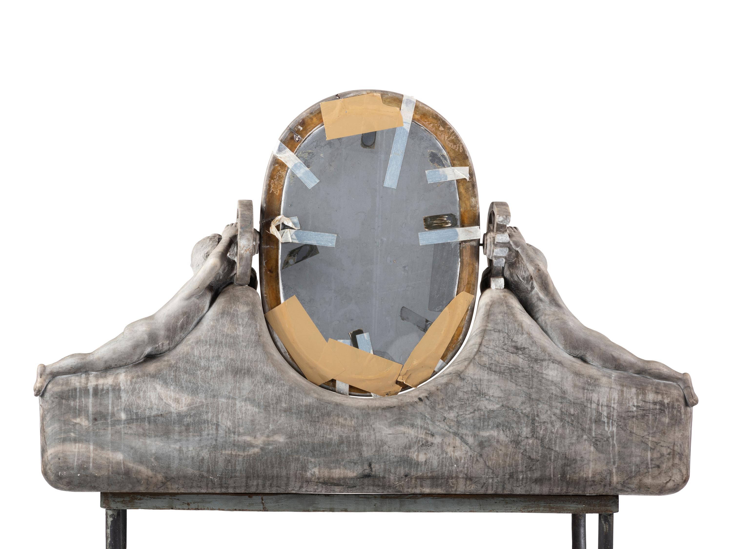 An Art Nouveau Putti-Carved Marble and Iron Figural Washstand