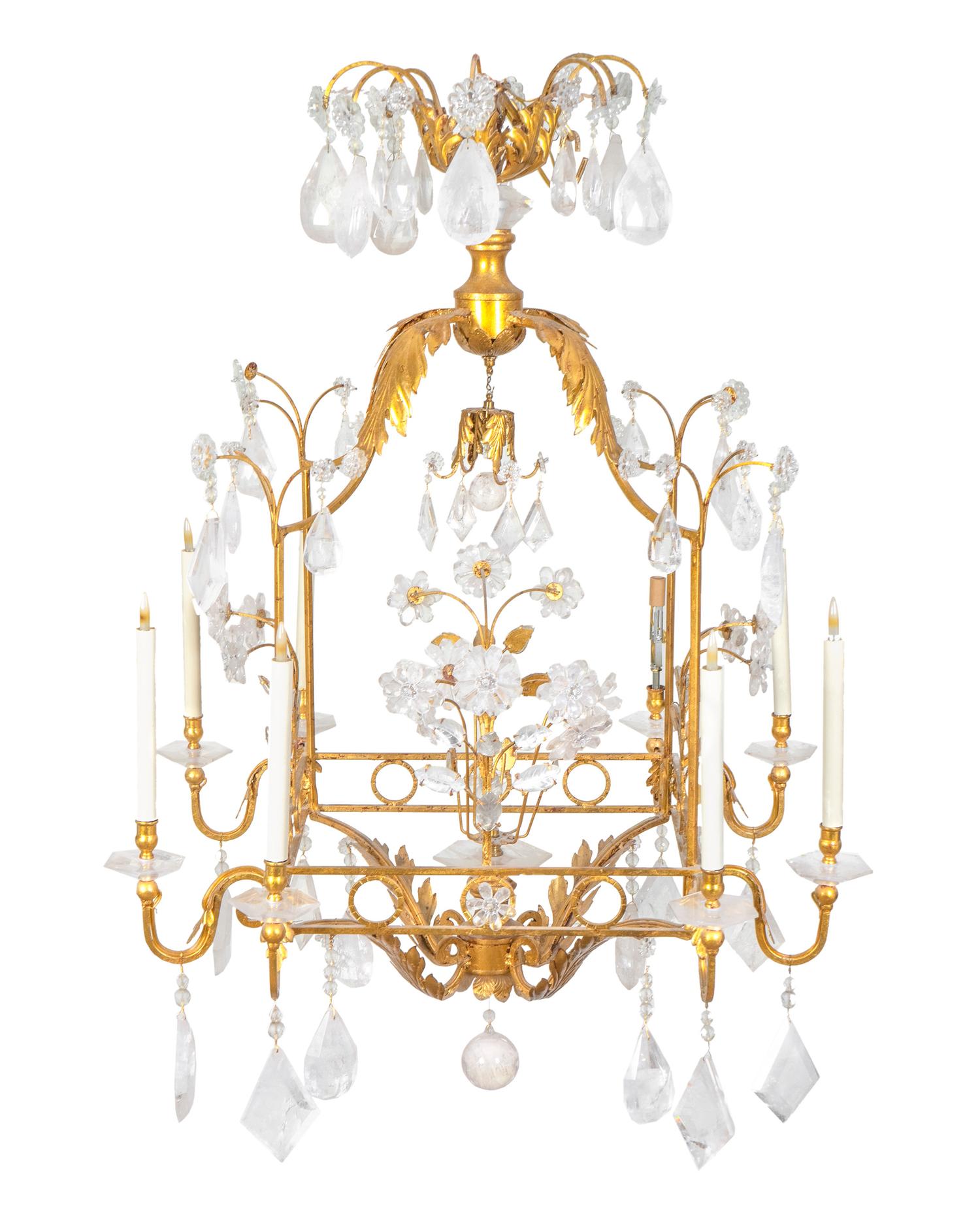 A Gilt Metal and Rock Crystal Six-Light Cage-form Chandelier — 20TH CENTURY