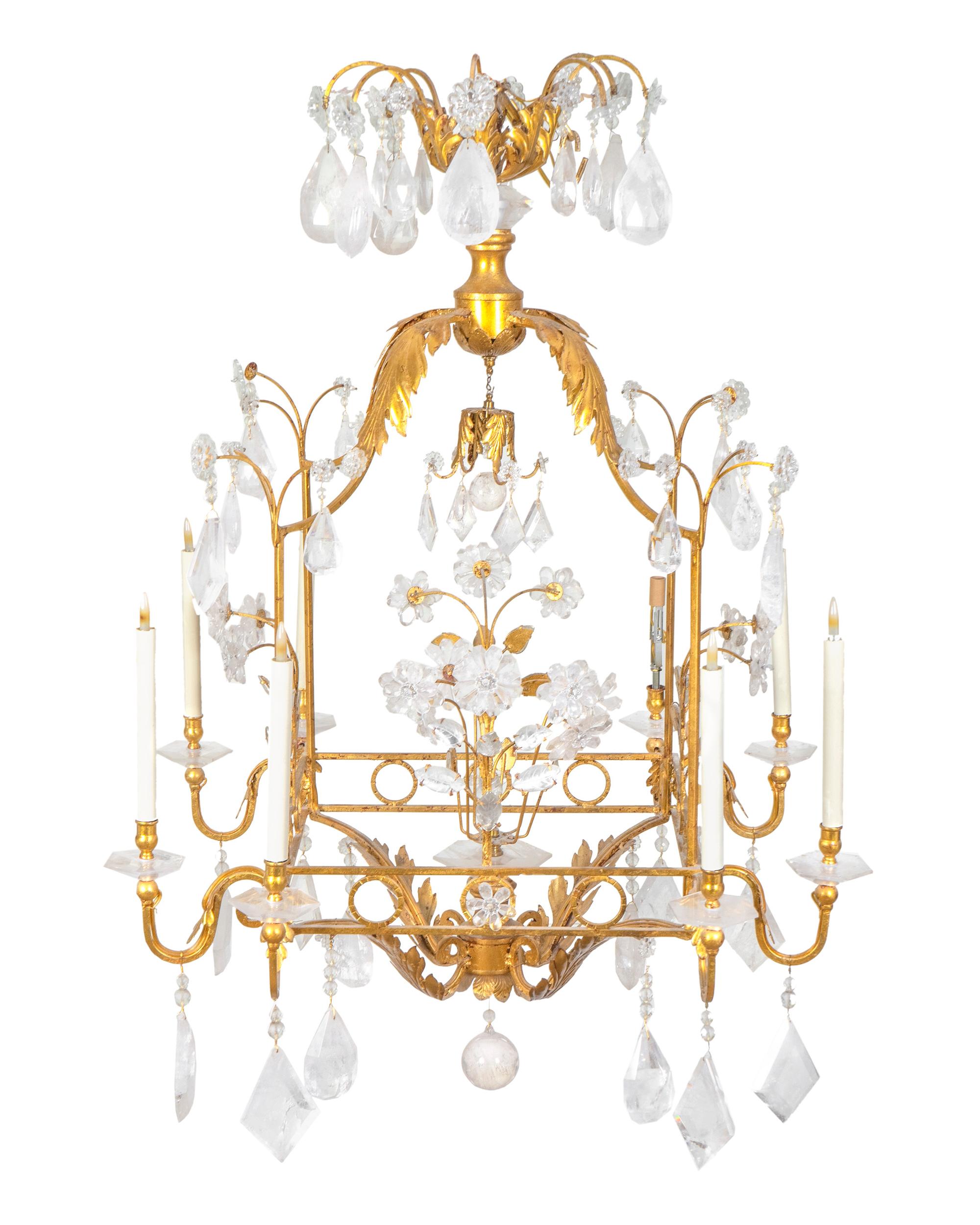 A Gilt Metal and Rock Crystal Six-Light Cage-form Chandelier — 20TH CENTURY