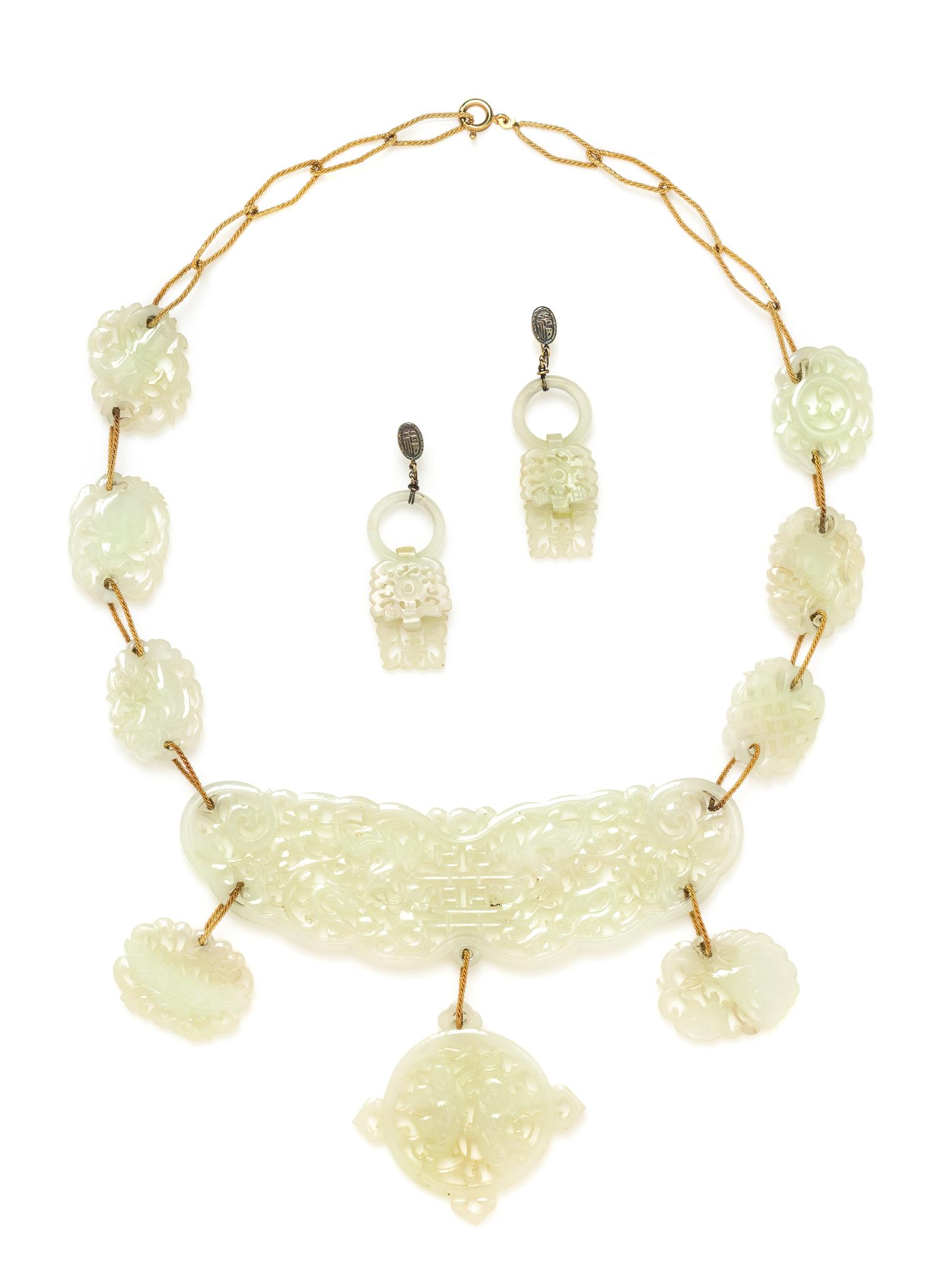 A Yellow Gold and Carved Jadeite Demi Parure, 97.20 dwts.