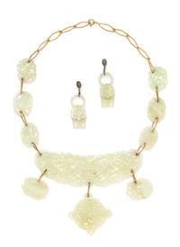 A Yellow Gold and Carved Jadeite Demi Parure, 97.20 dwts.