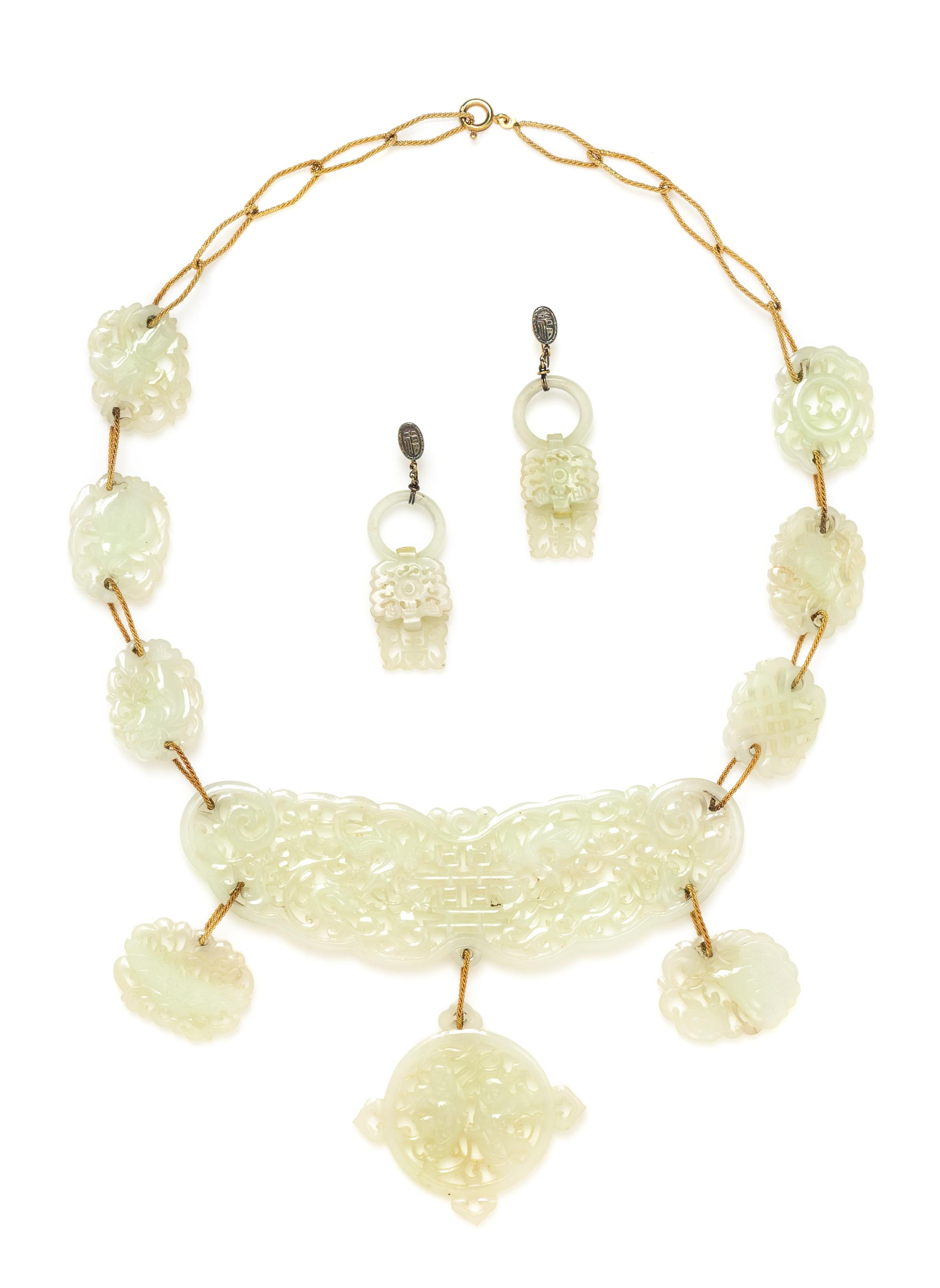 A Yellow Gold and Carved Jadeite Demi Parure, 97.20 dwts.