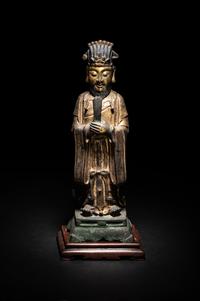 A Pair of Chinese Gilt Decorated Bronze Figures of Standing Officials