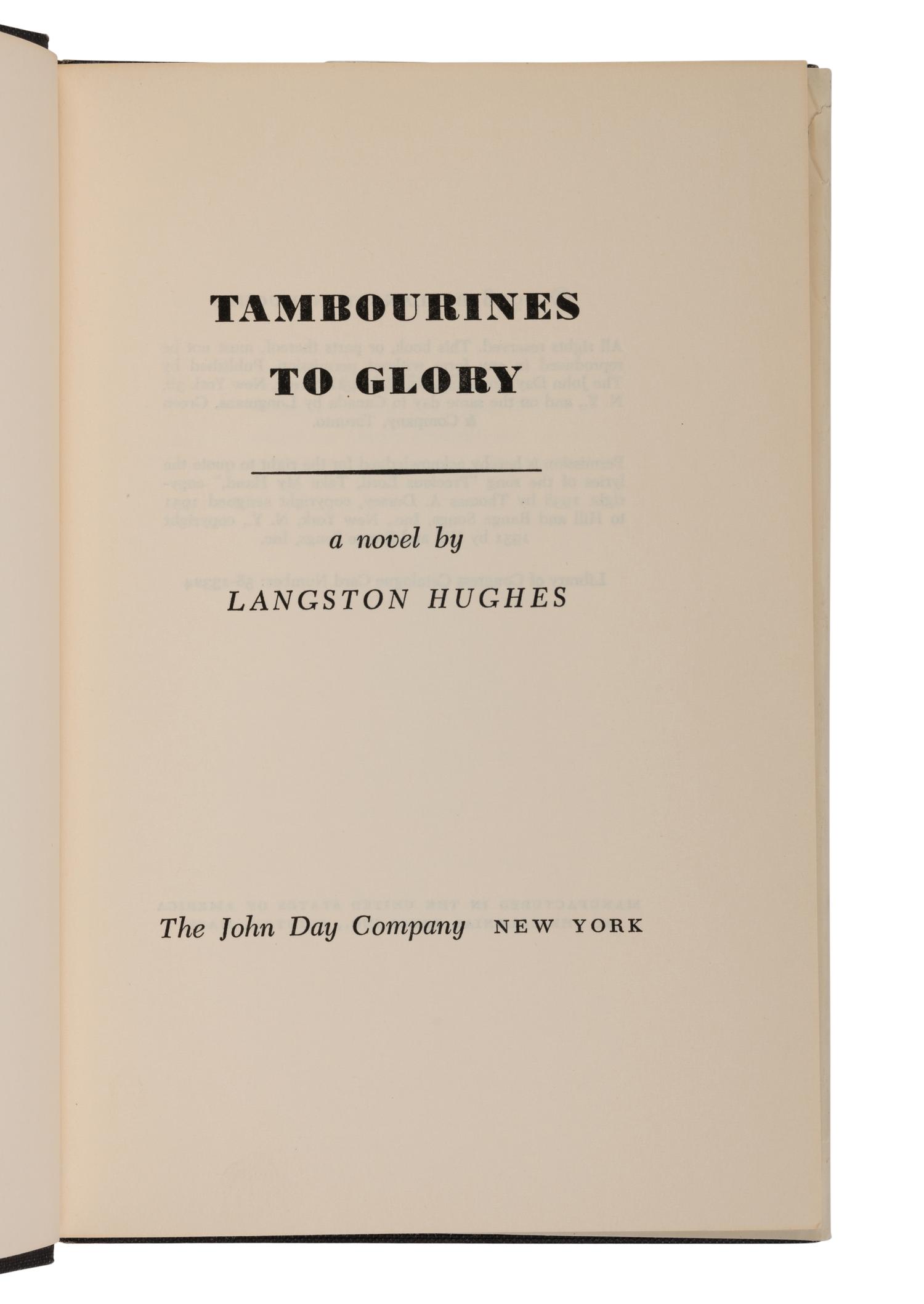 HUGHES, Langston (1901-1967). Tambourines to Glory . New York: The John Day Company, 1958.