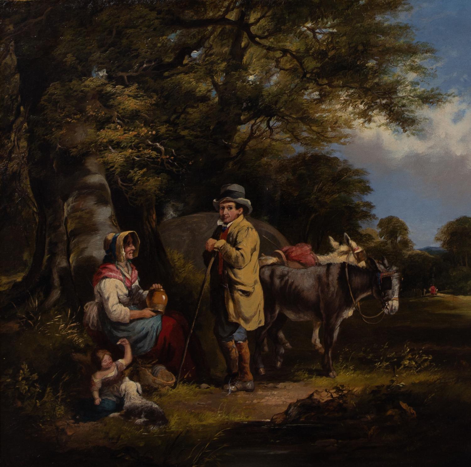 William Shayer the Elder, (British, 1787-1879), A Family with Donkeys Resting by a Tree