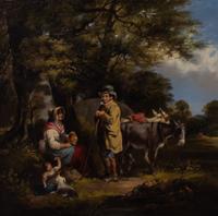 William Shayer the Elder, (British, 1787-1879), A Family with Donkeys Resting by a Tree