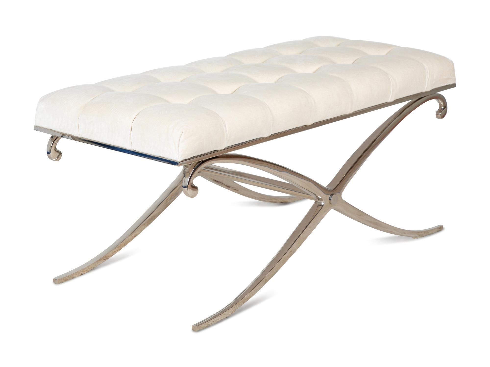 A Contemporary Curule-Form Chrome and Upholstered Bench — 20TH CENTURY