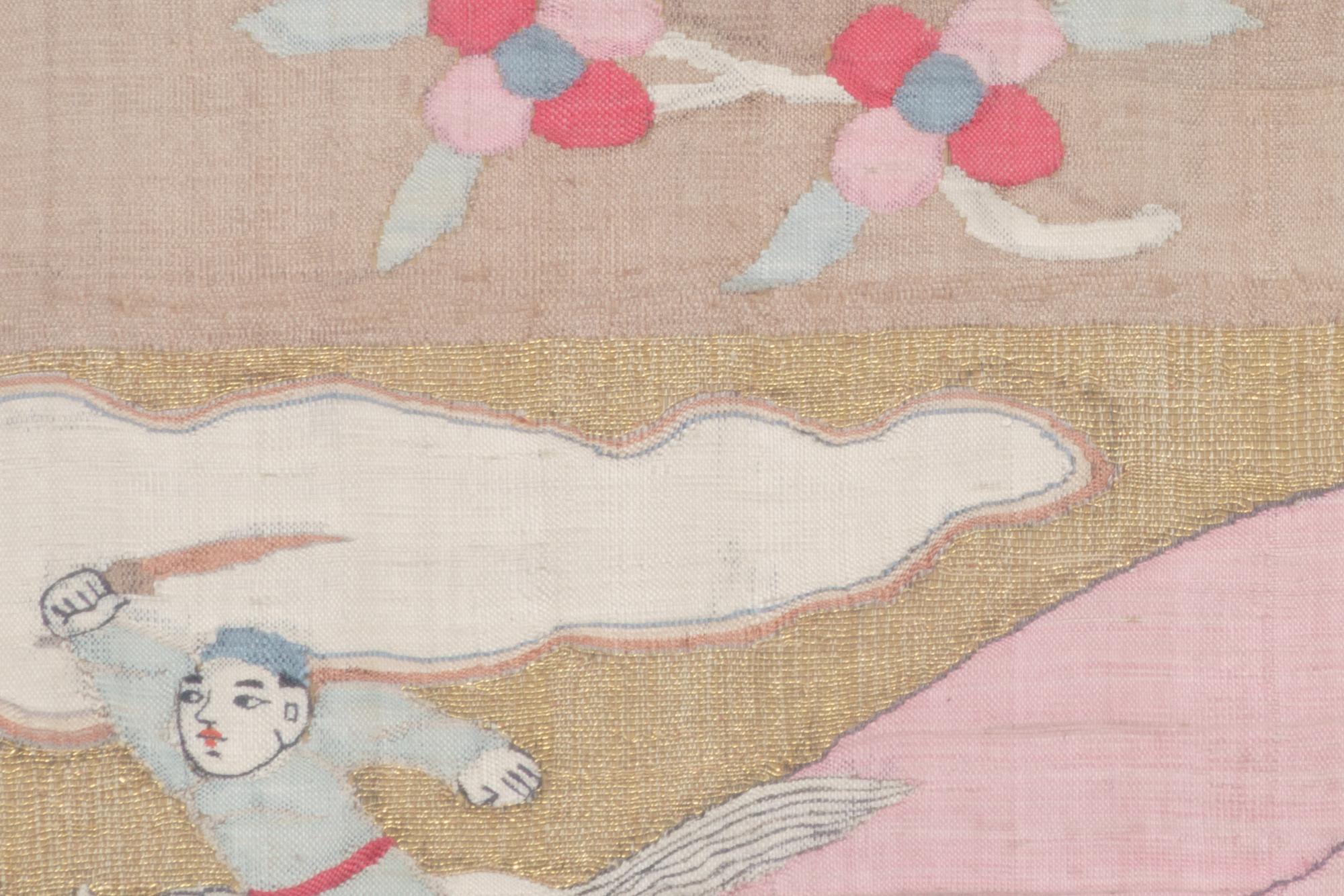 Four Cream Ground Kesi Woven and Painted Silk Panels