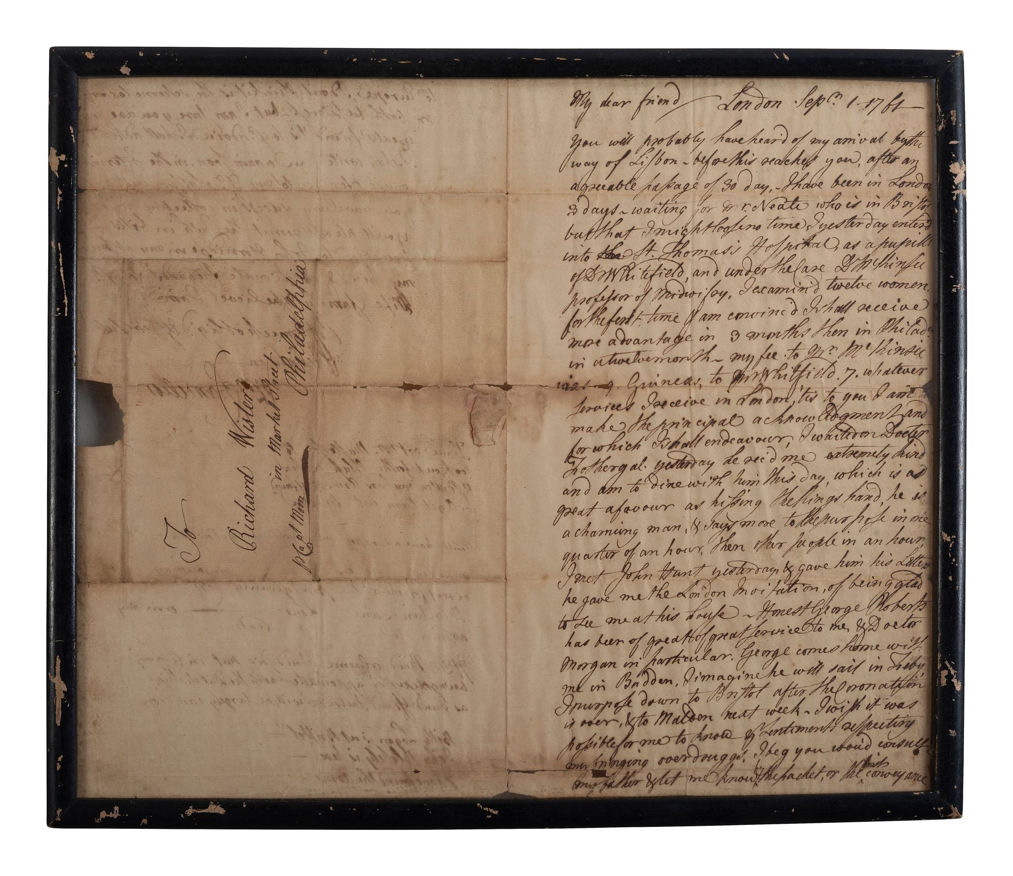 CHANCELLOR, Dr. William (1727-1762). Autograph letter signed ("Wm. Chancellor"), with reference to the transatlantic slave trade. London. 1 September 1761.