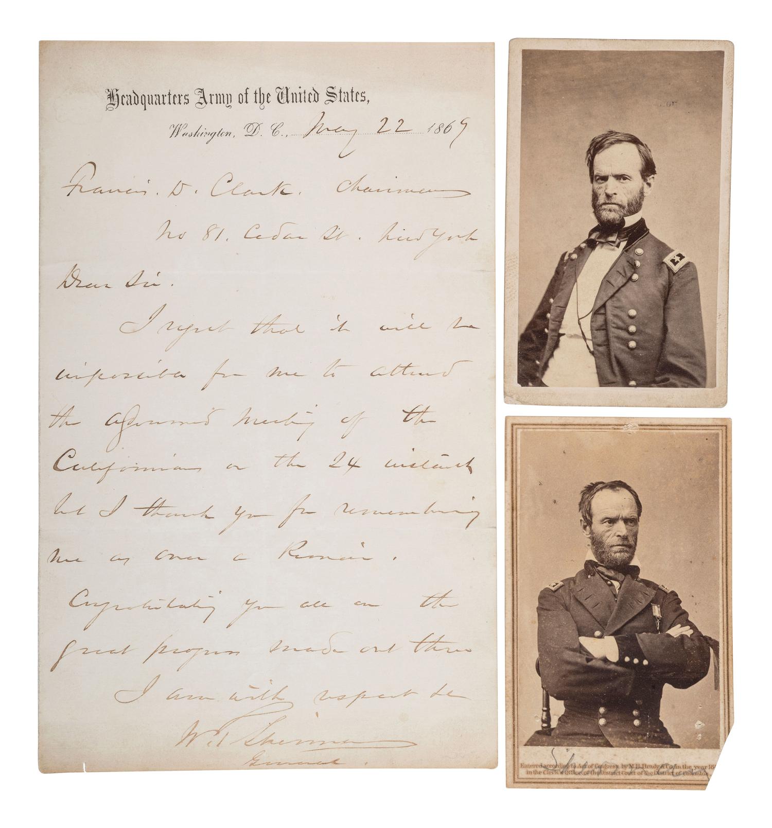 [SHERMAN, William T. (1820-1891)]. ALS as general, dated at Army Headquarters in Washington, 1869 and two CDV portraits from life.