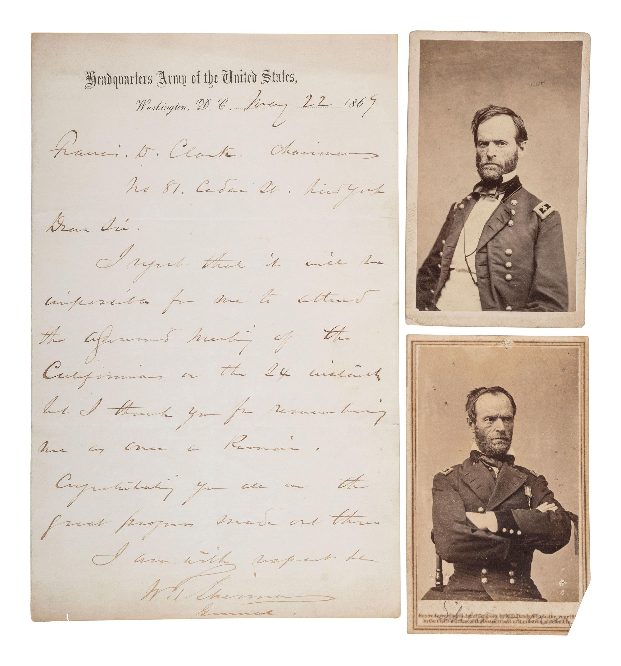 [SHERMAN, William T. (1820-1891)]. ALS as general, dated at Army Headquarters in Washington, 1869 and two CDV portraits from life.