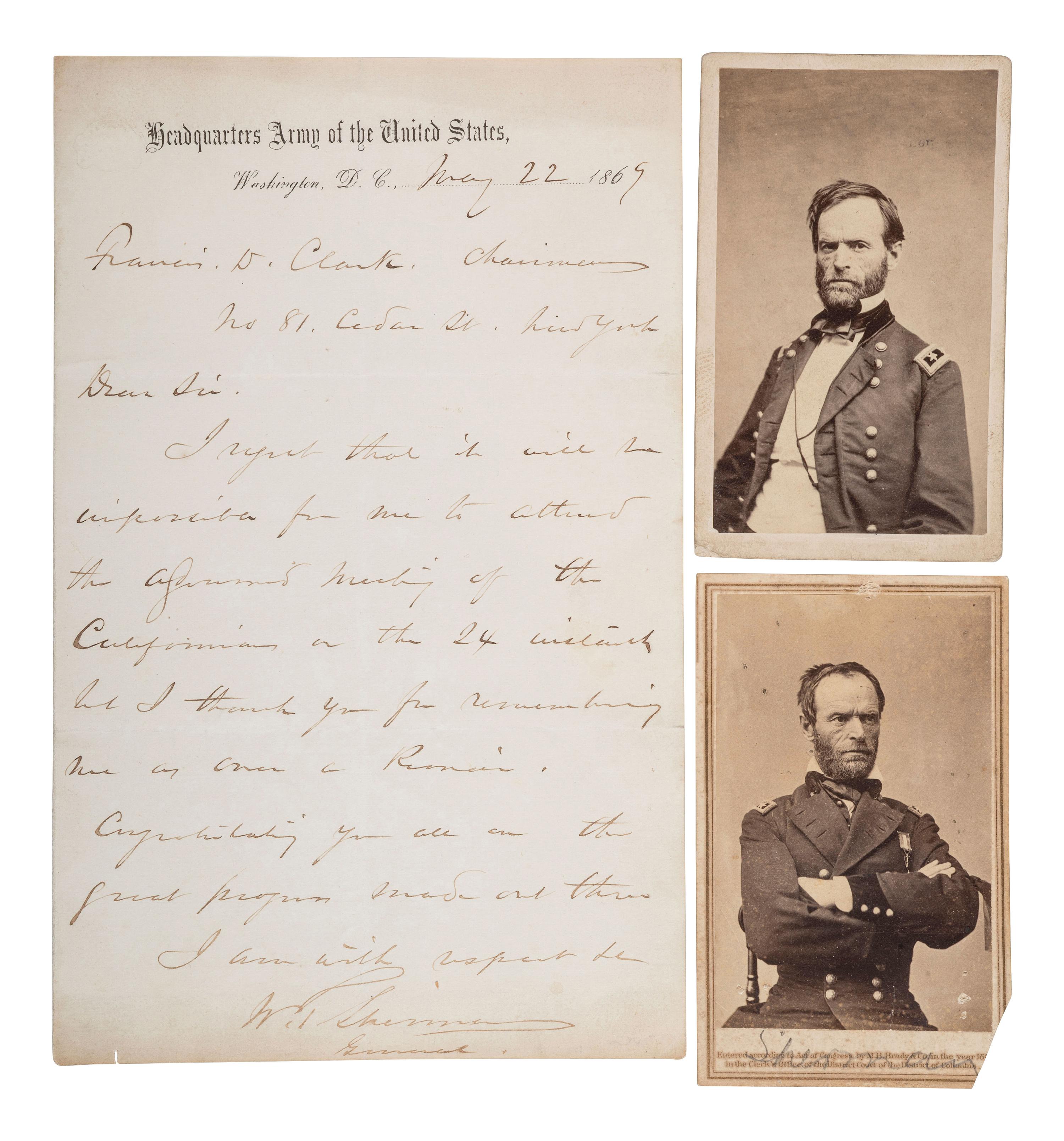 [SHERMAN, William T. (1820-1891)]. ALS as general, dated at Army Headquarters in Washington, 1869 and two CDV portraits from life.