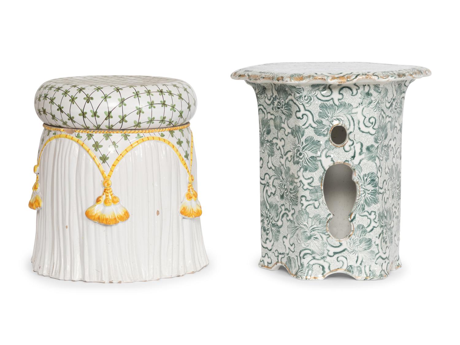 A Victorian Stoneware Garden Seat and Associated Italian Ceramic Garden Seat