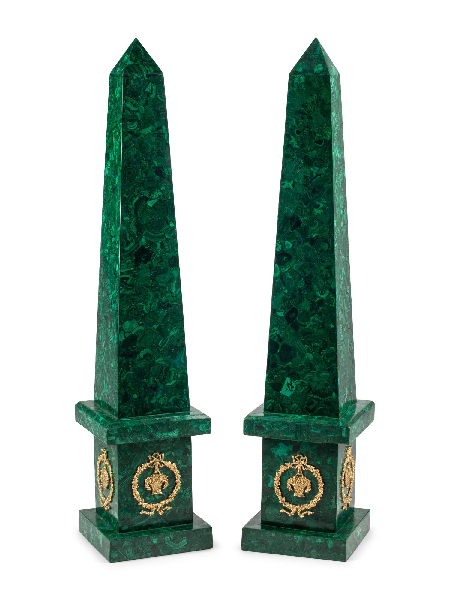 A Pair of Large Gilt Metal Mounted Malachite Obelisks