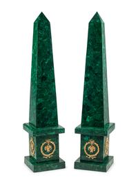 A Pair of Large Gilt Metal Mounted Malachite Obelisks