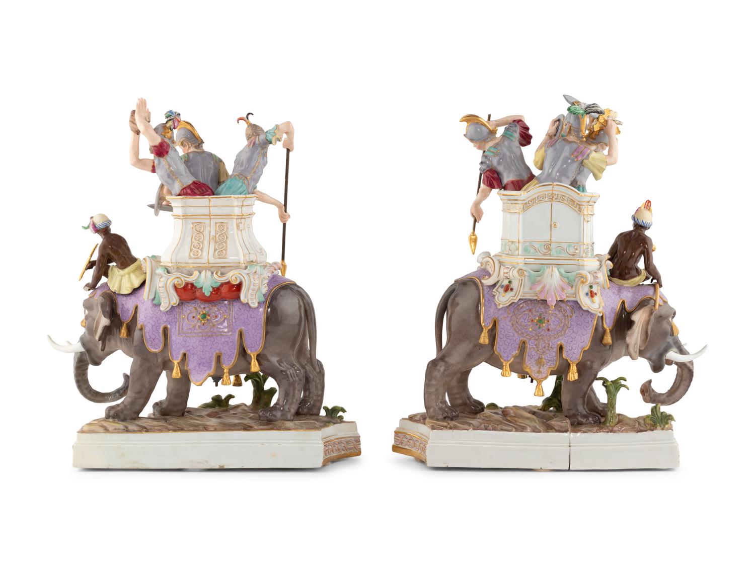 A Pair of Meissen Porcelain Caparisoned Elephant and Soldier Figural Groups