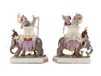 A Pair of Meissen Porcelain Caparisoned Elephant and Soldier Figural Groups