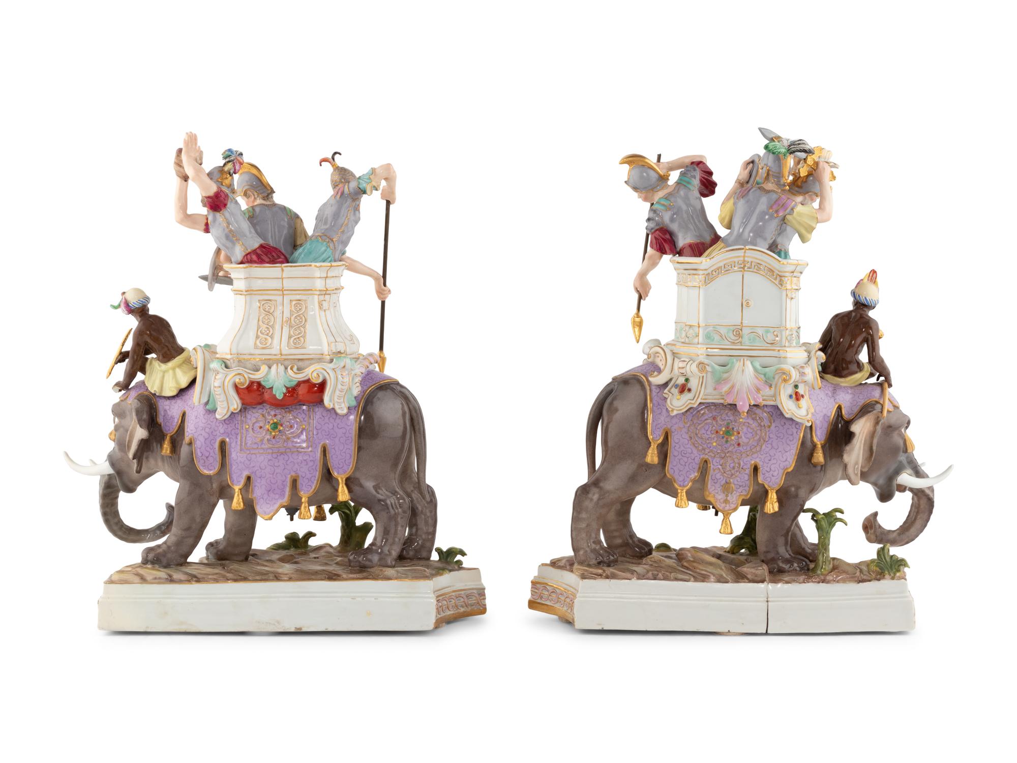 A Pair of Meissen Porcelain Caparisoned Elephant and Soldier Figural Groups