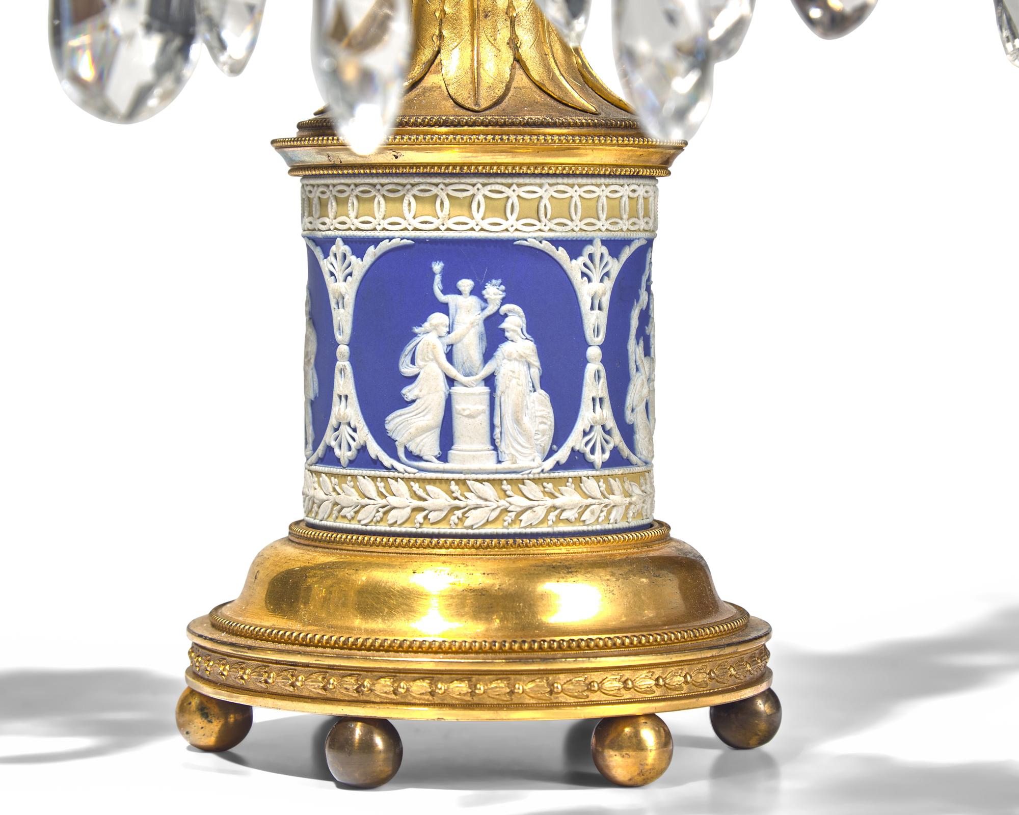 A Pair of George III Neoclassical Colorless Cut-Glass, Jasperware, and Gilt-Metal Girandoles