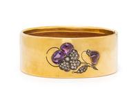 VICTORIAN, AMETHYST, DIAMOND, AND YELLOW GOLD VIOLET BANGLE BRACELET