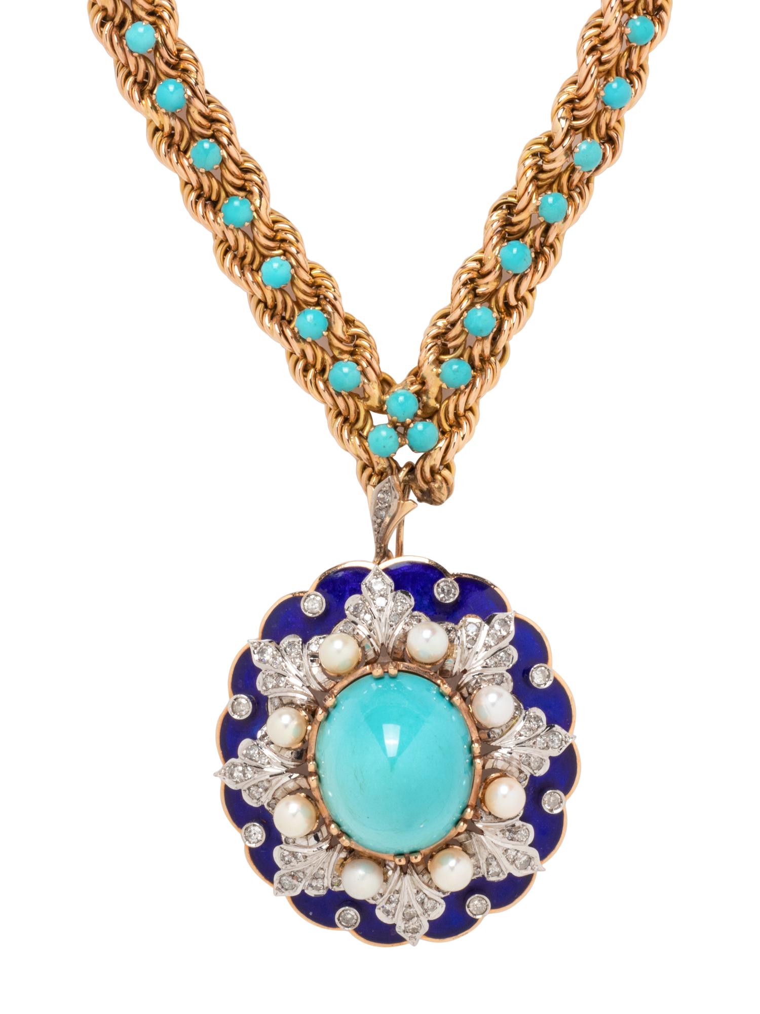 YELLOW GOLD, TURQUOISE, DIAMOND, CULTURED PEARL AND ENAMEL NECKLACE