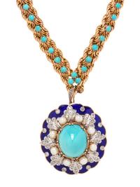 YELLOW GOLD, TURQUOISE, DIAMOND, CULTURED PEARL AND ENAMEL NECKLACE