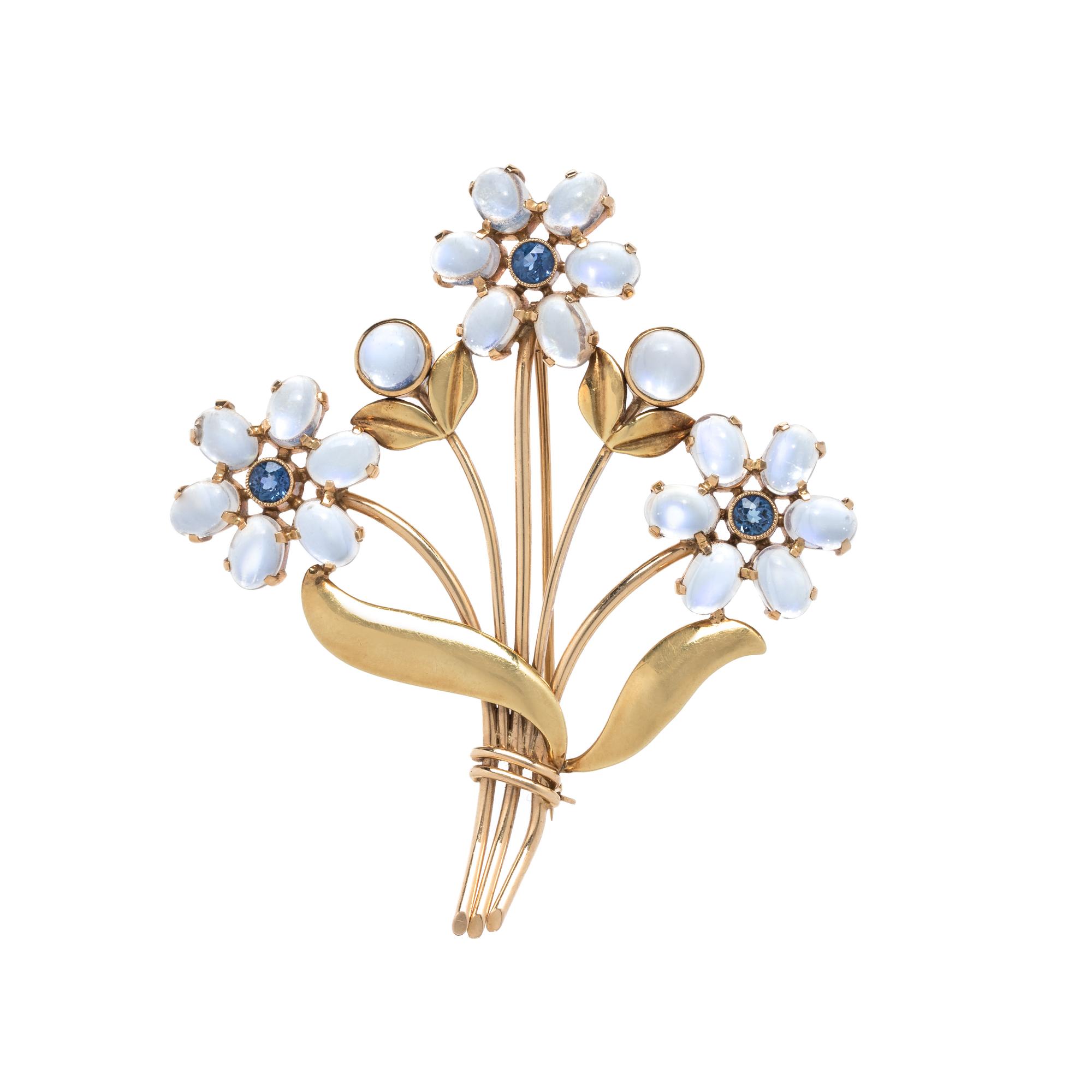 TIFFANY & CO., RETRO, SAPPHIRE AND MOONSTONE FLOWER BROOCH