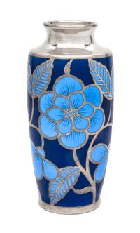 A German Silver Overlay Porcelain Vase, Spahr & Co. Height 8 3/8 inches.