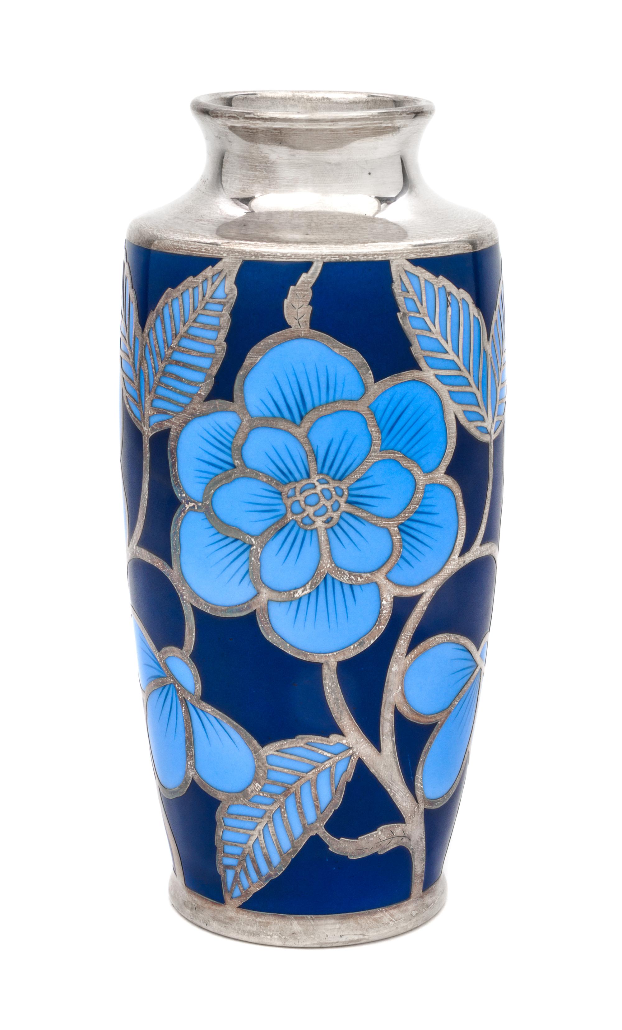 A German Silver Overlay Porcelain Vase, Spahr & Co. Height 8 3/8 inches.