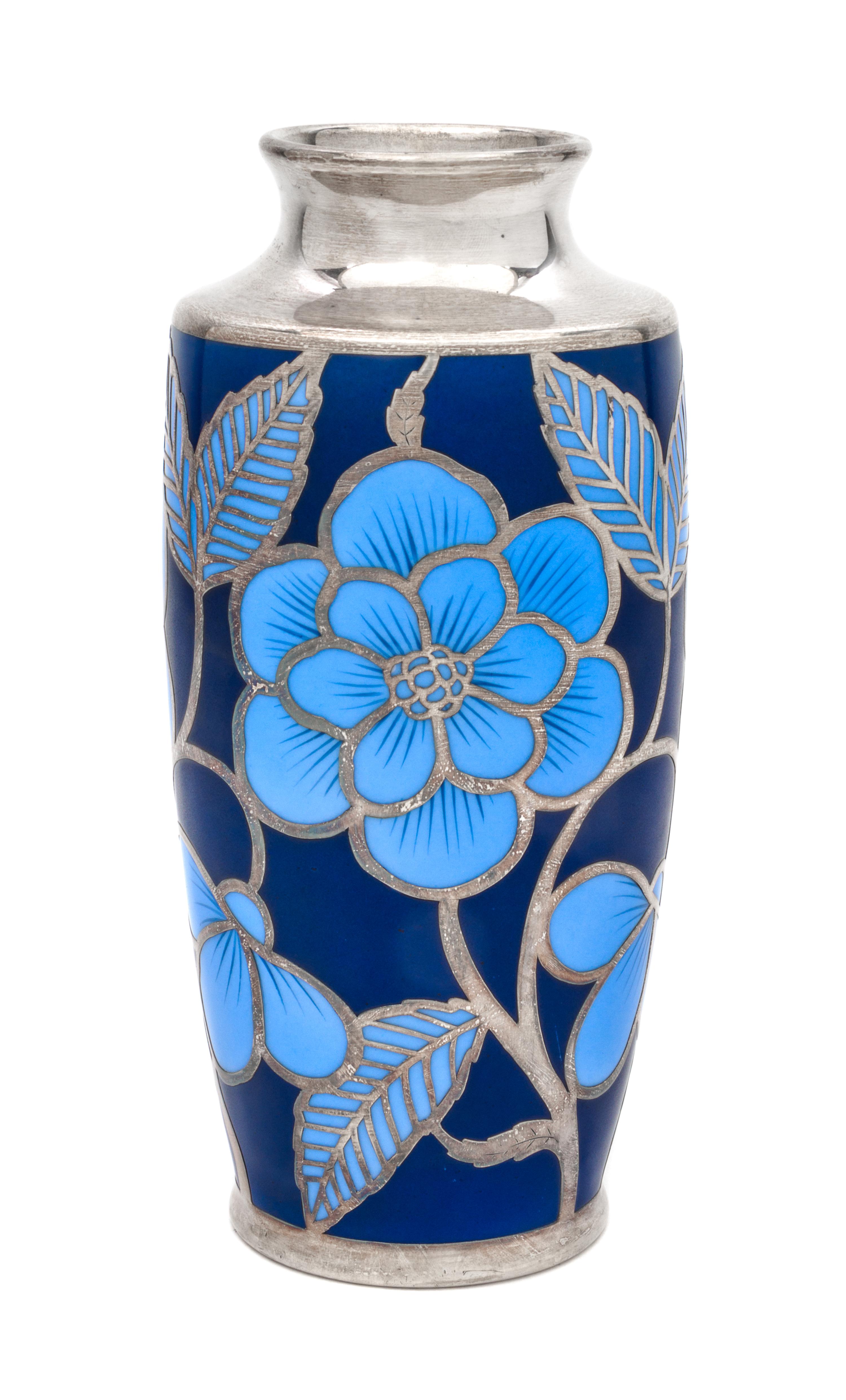 A German Silver Overlay Porcelain Vase, Spahr & Co. Height 8 3/8 inches.