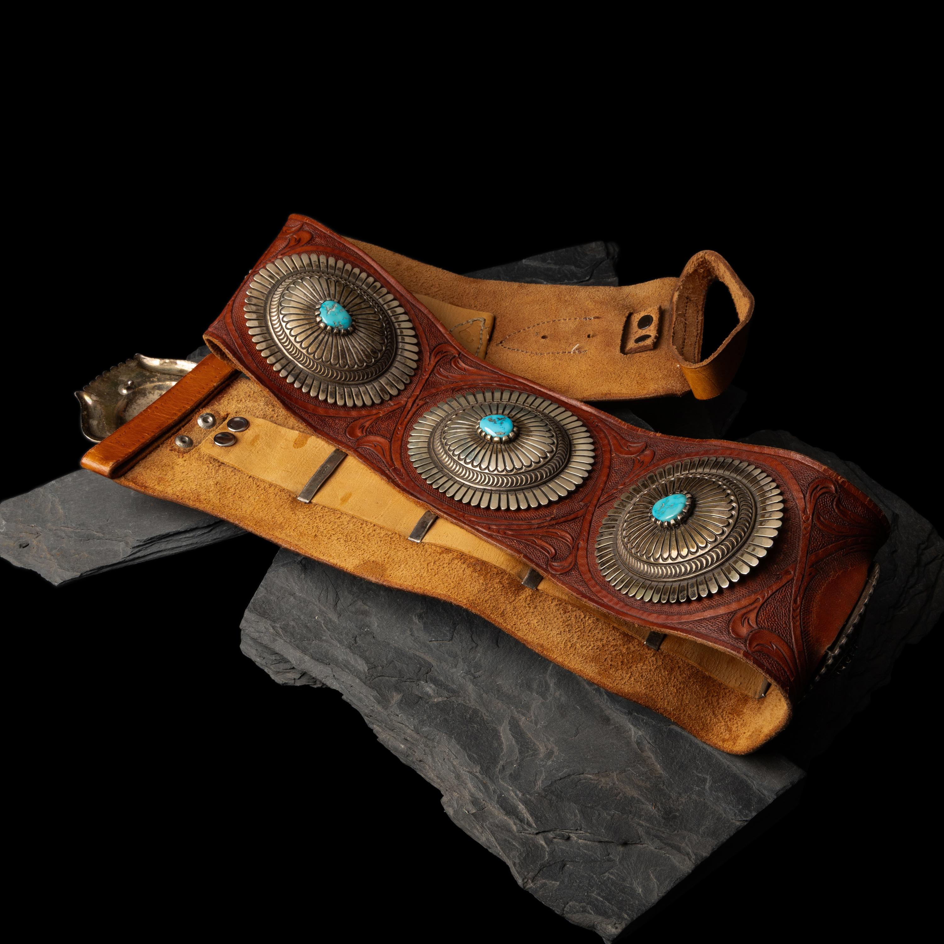 Thomas Curtis (Diné, 1942-2013 — Large Sterling Silver and Turquoise Concha Belt, with Tooled Leather Strap