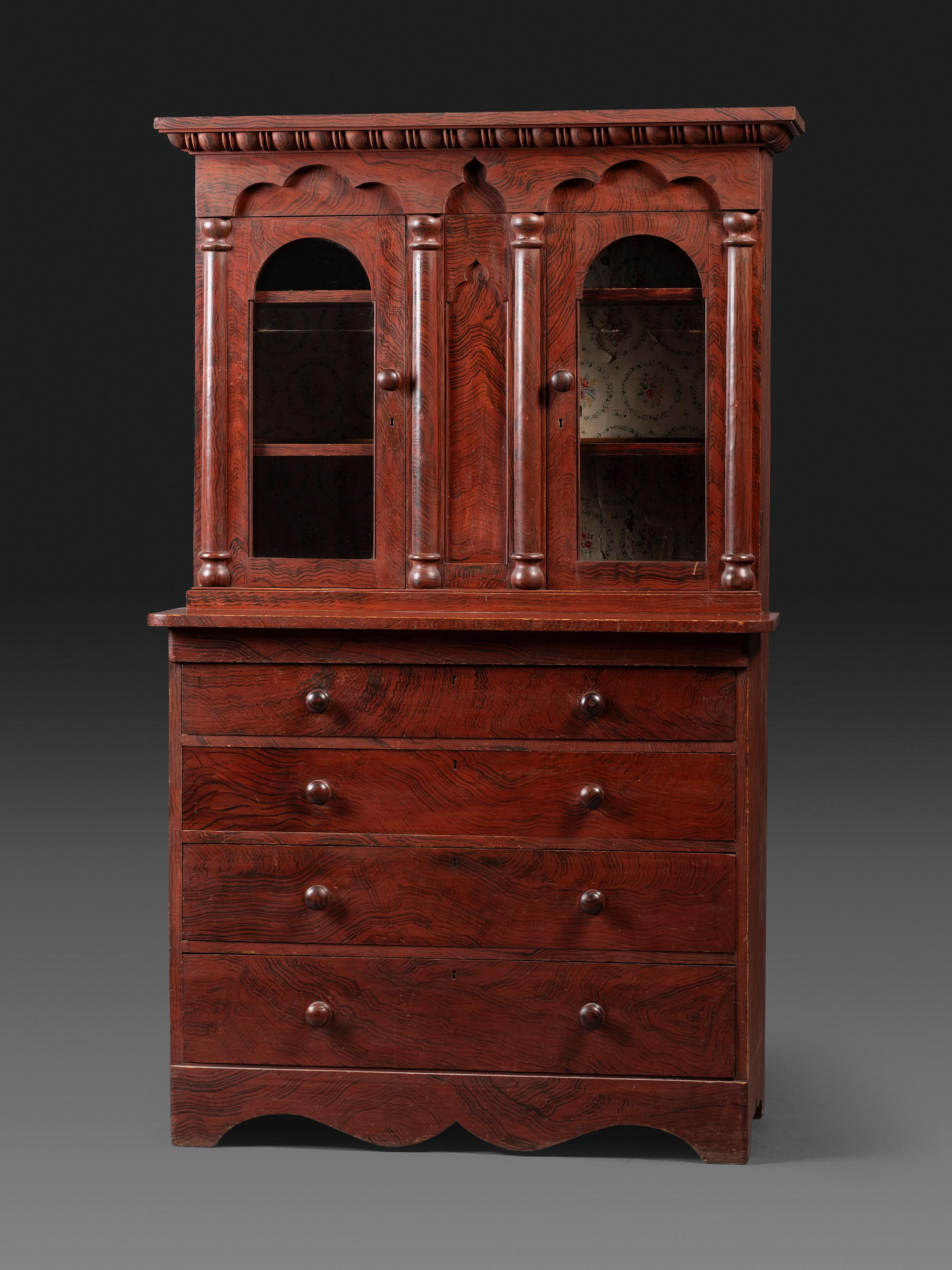 A Late Country Classical Grain Painted Pine Cupboard