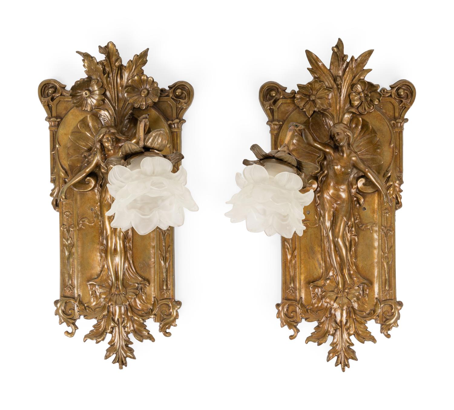 A Pair of Bronze Art Nouveau Figural Wall Sconces by Théophile François Somme (French, 1871-1952)