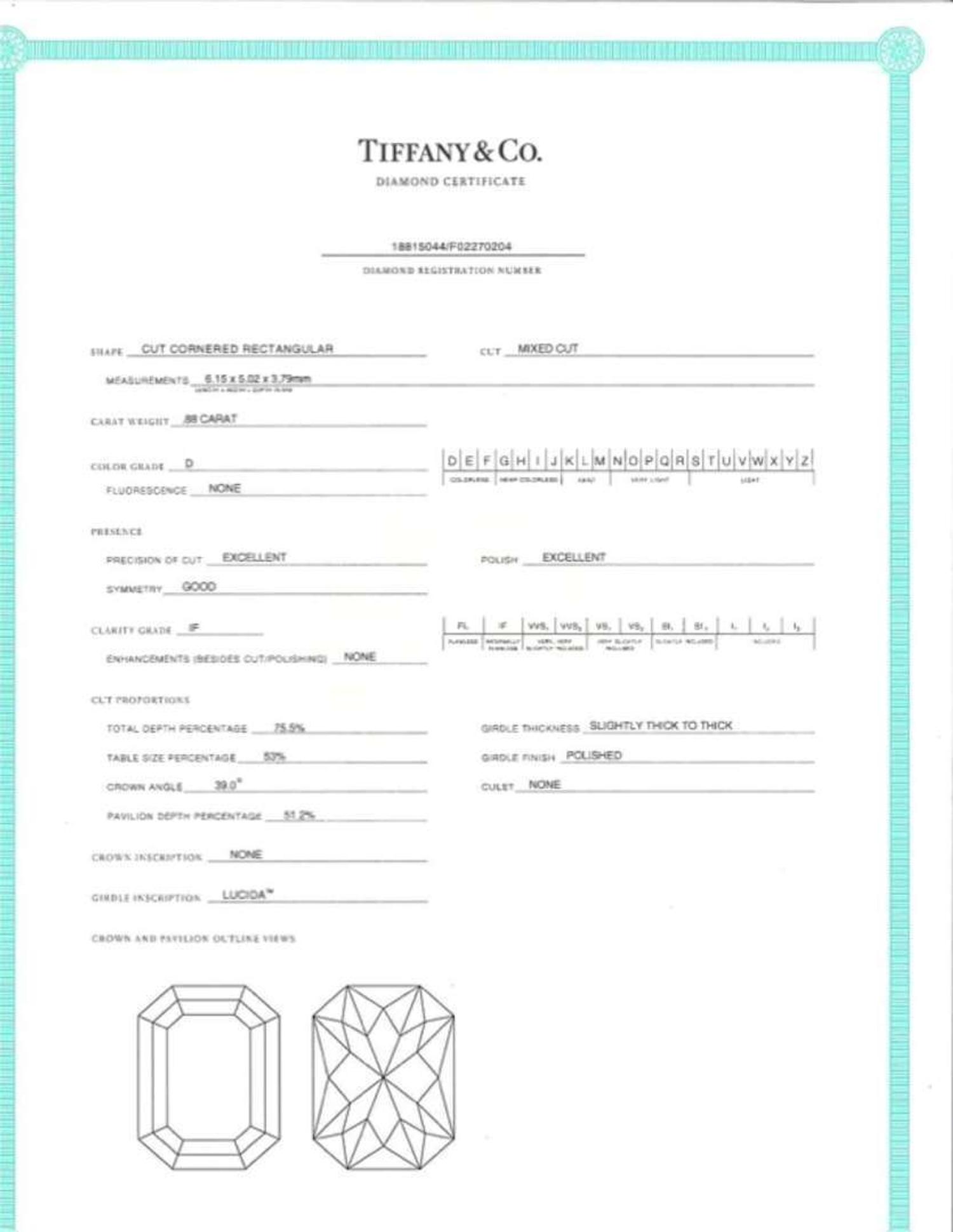 A Tiffany & Co. Lucida Diamond Solitaire Engagement Ring 0.88 Carat Internally Flawless Tiffany & Co. Lucida Diamond