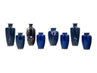 Eight Japanese Blue Ground Cloisonné Enamel and Embossed Foil 'Ginbari' Vases