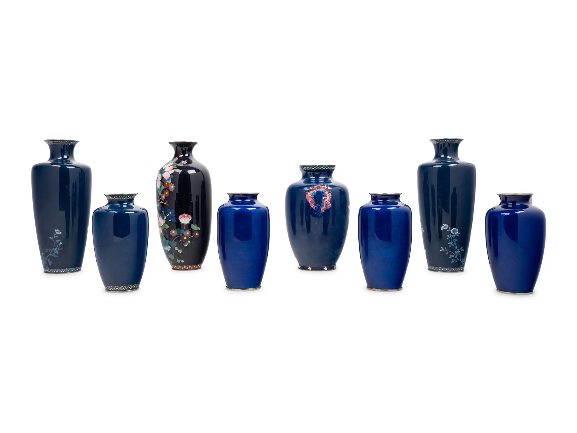 Eight Japanese Blue Ground Cloisonné Enamel and Embossed Foil 'Ginbari' Vases