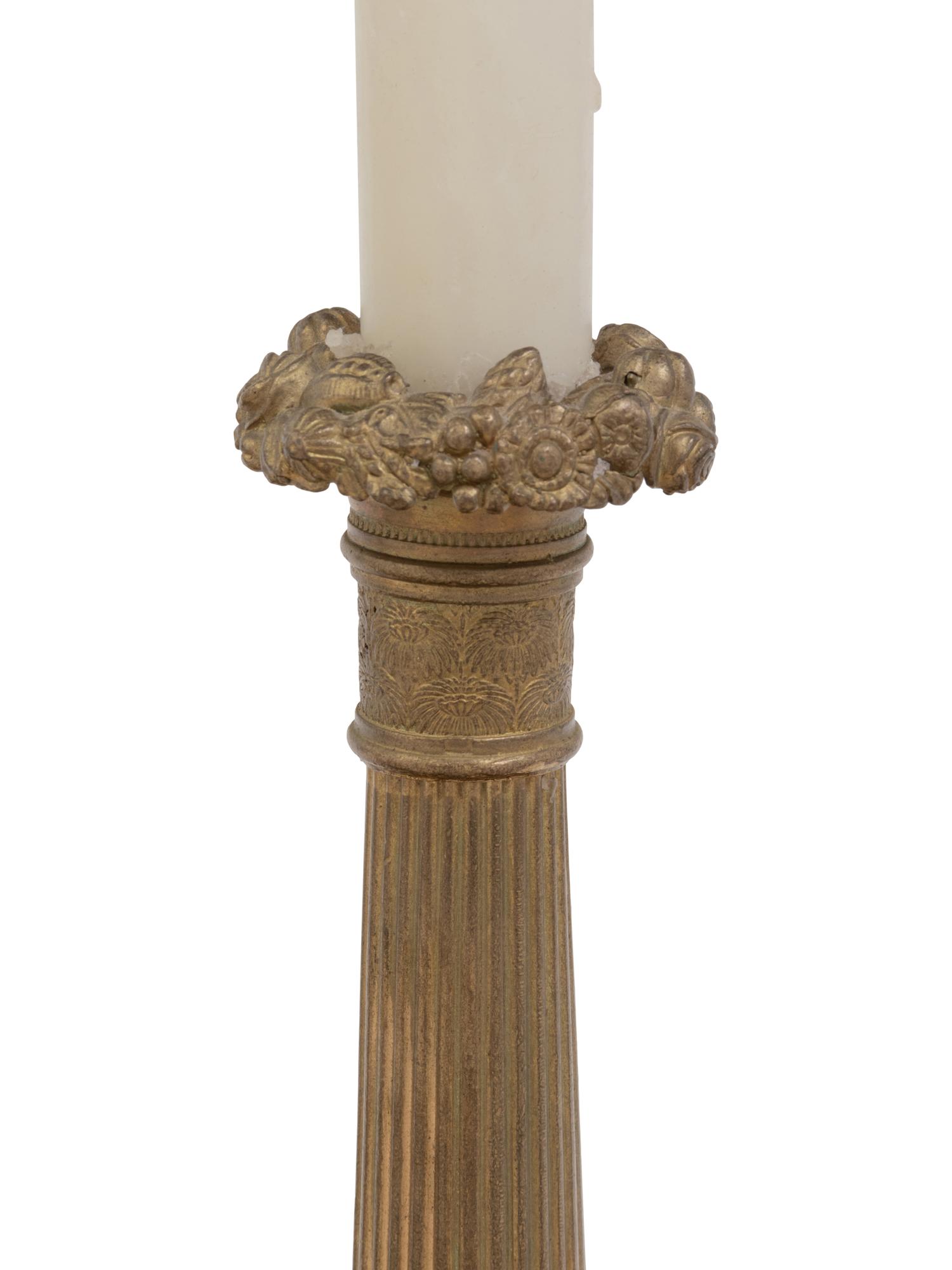 A Pair of Charles X Style Gilt Metal Candlesticks Mounted as Lamps